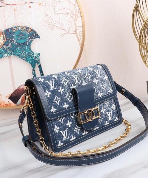 1:1 Replica Louis Vuitton LV Dauphine MM Denim Jacquard Monogram Pattern Navy Blue Luxury Bag For Women M59631 - 9.8in/25cm