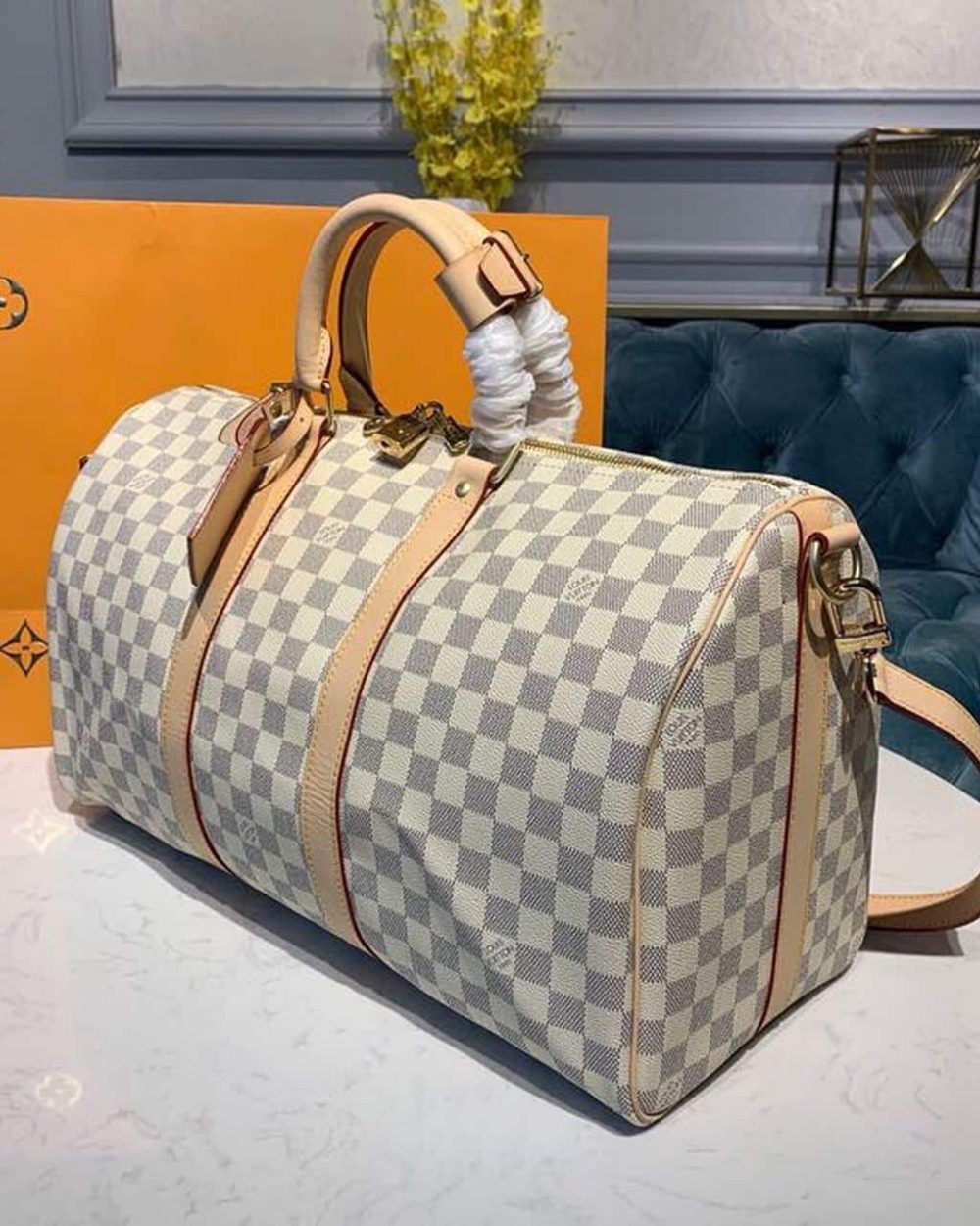 1:1 Replica Louis Vuitton LV Keepall Bandouliere 45 Damier Azur Canvas Luxury Bag For Women N41430 - 17.7in/45cm
