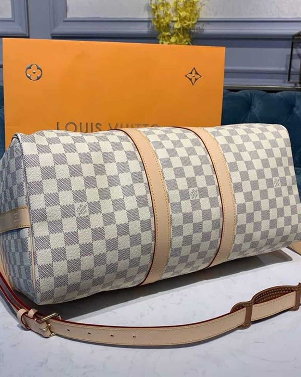 1:1 Replica Louis Vuitton LV Keepall Bandouliere 45 Damier Azur Canvas Luxury Bag For Women N41430 - 17.7in/45cm