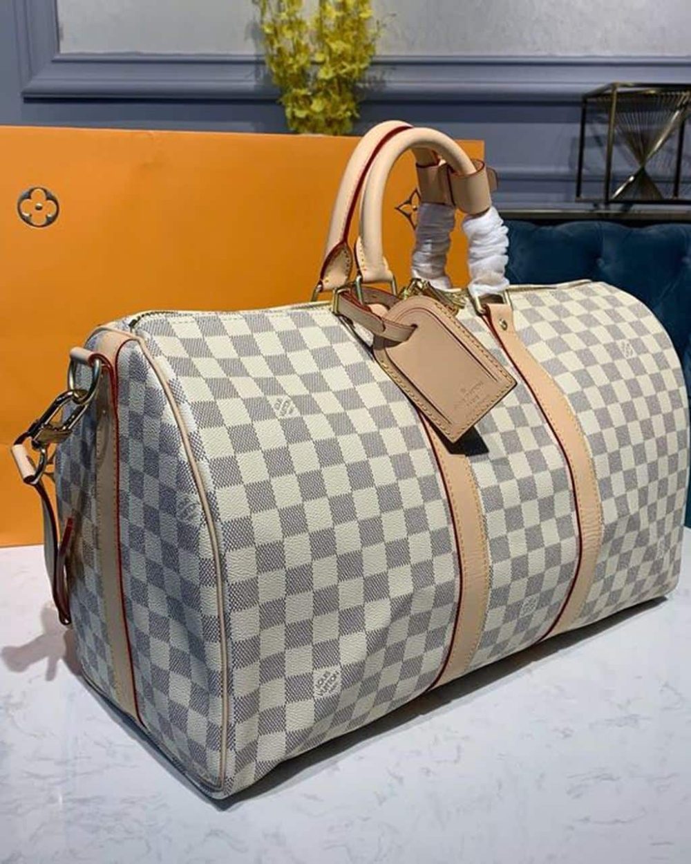 1:1 Replica Louis Vuitton LV Keepall Bandouliere 45 Damier Azur Canvas Luxury Bag For Women N41430 - 17.7in/45cm
