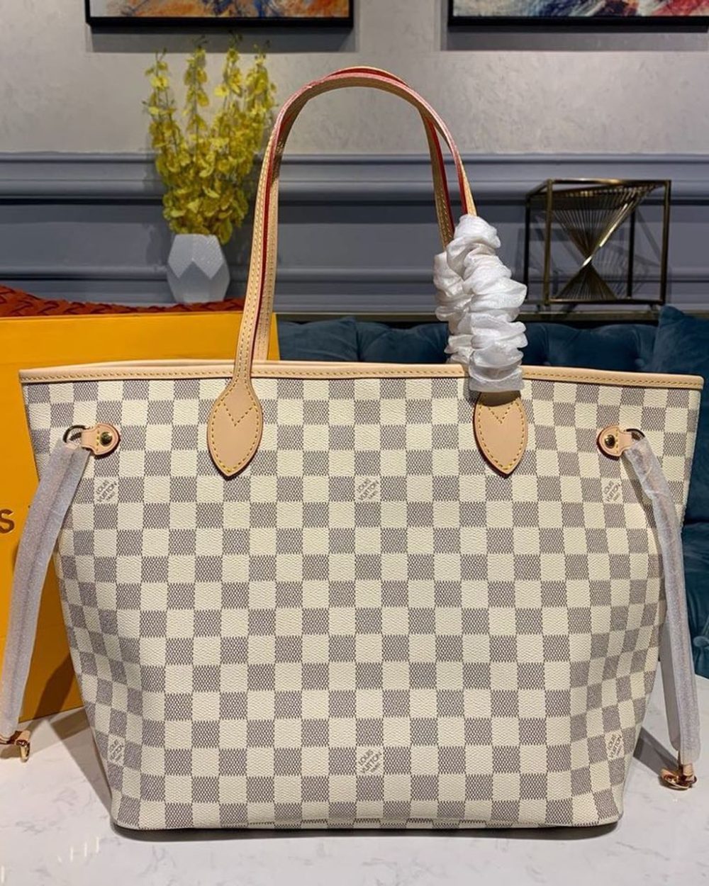 1:1 Replica Louis Vuitton LV Neverfull MM Damier Azur Canvas Luxury Bag For Women N41361 - 12.2in/31cm