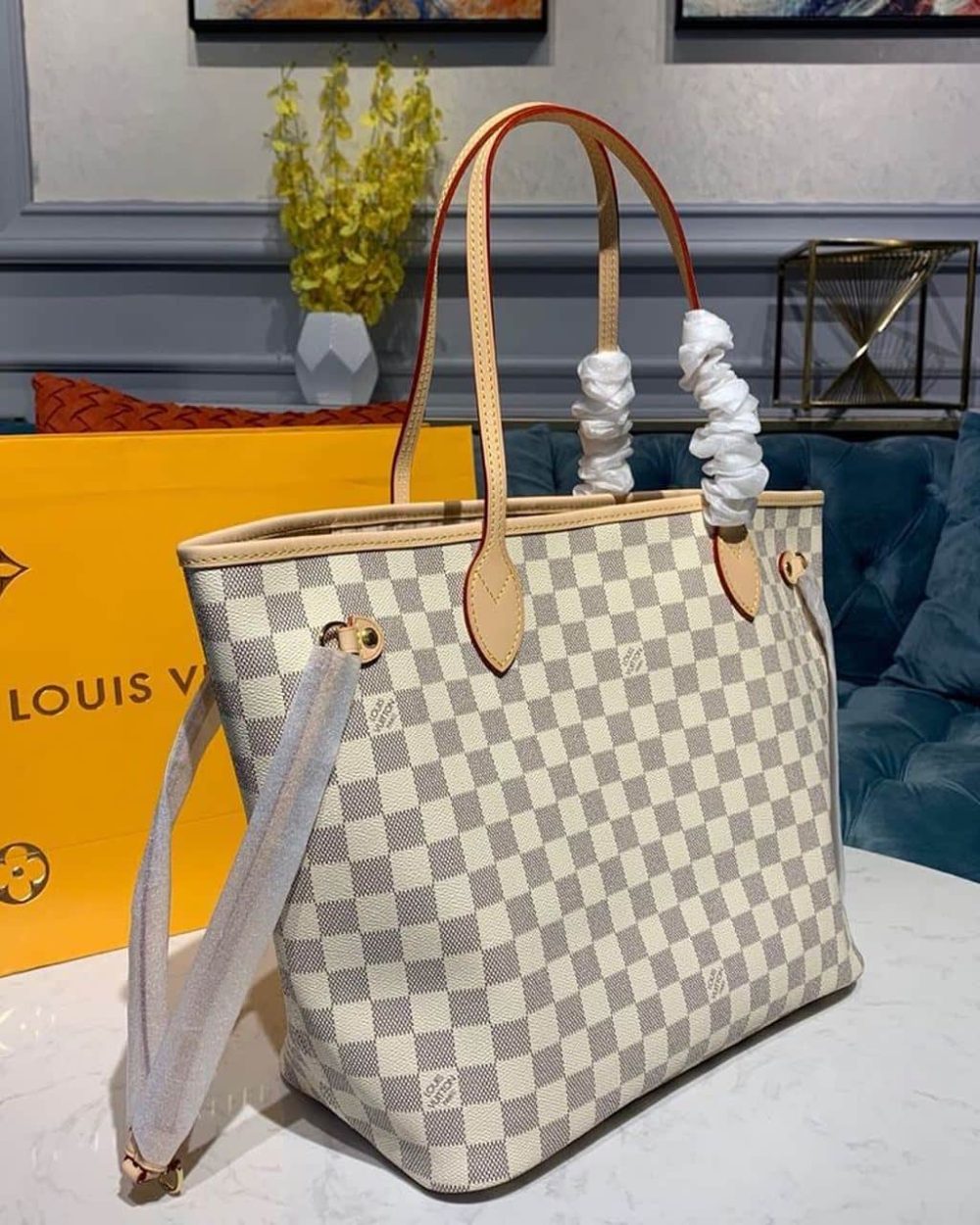 1:1 Replica Louis Vuitton LV Neverfull MM Damier Azur Canvas Luxury Bag For Women N41361 - 12.2in/31cm