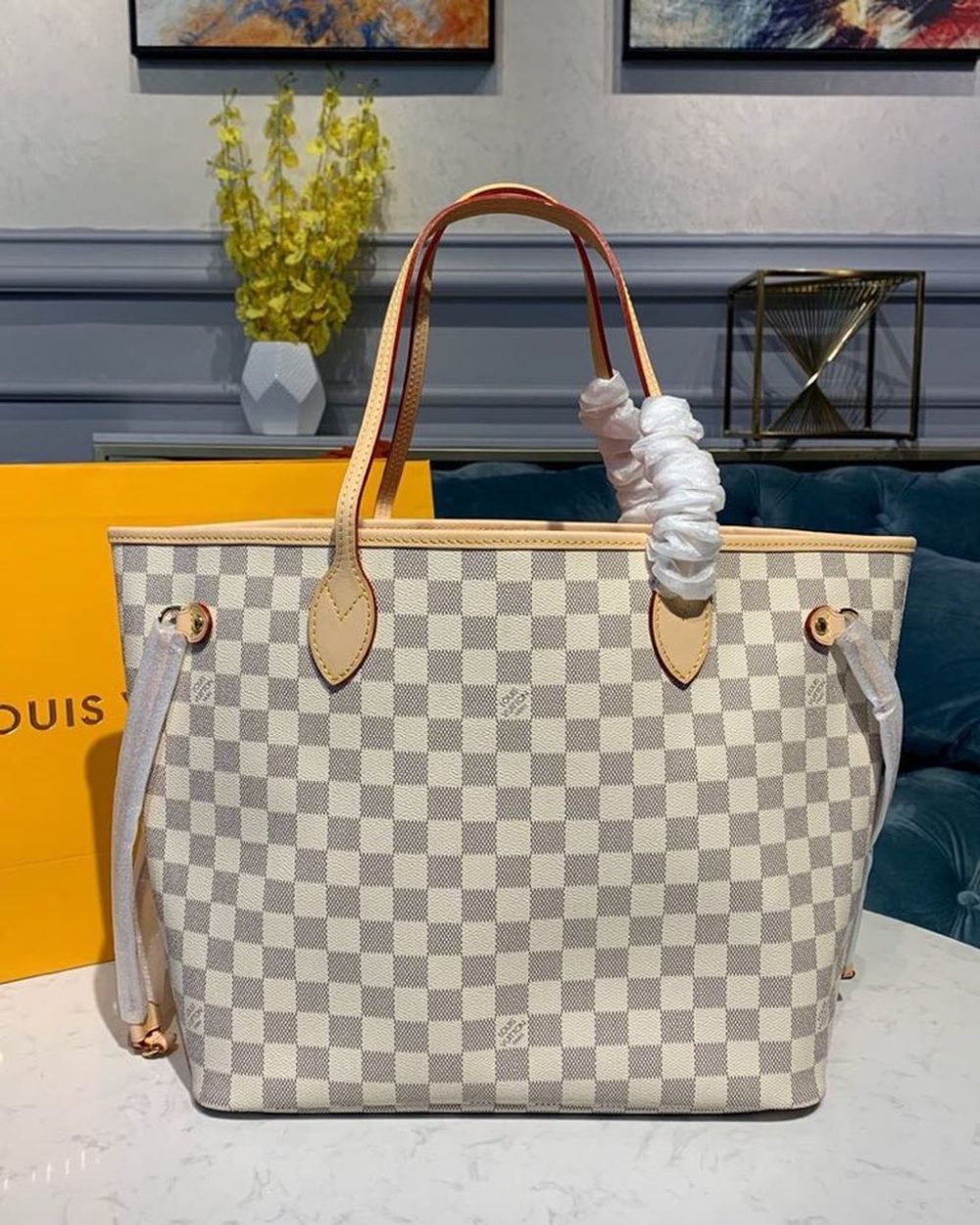 1:1 Replica Louis Vuitton LV Neverfull MM Damier Azur Canvas Luxury Bag For Women N41605 - 12.2in/31cm
