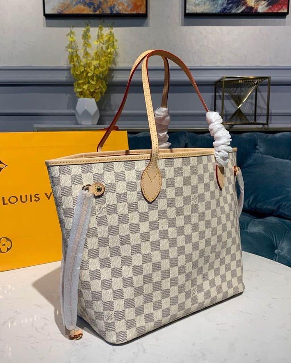 1:1 Replica Louis Vuitton LV Neverfull MM Damier Azur Canvas Luxury Bag For Women N41605 - 12.2in/31cm