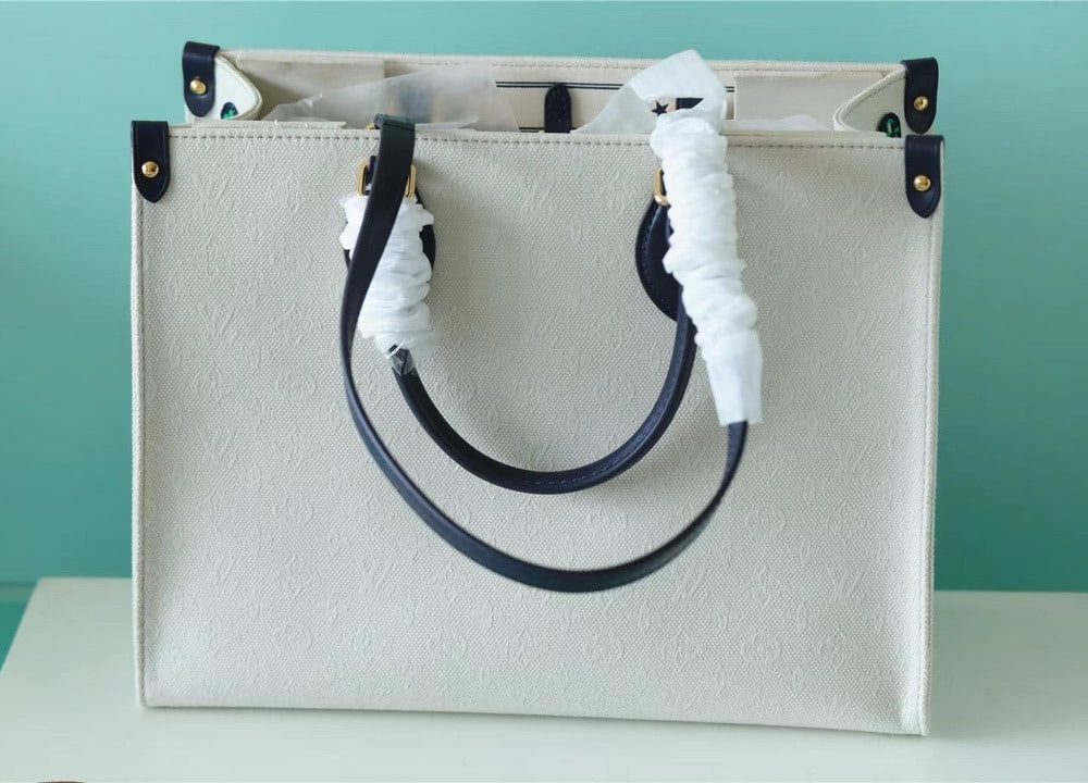 1:1 Replica Louis Vuitton LV Onthego MM Monogram Giant And Raffia White/ Black Luxury Bag For Women - 35cm/13.8in