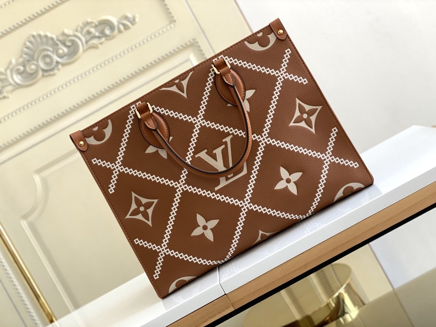 1:1 Replica Louis Vuitton LV Onthego MM Monogram Empreinte Arizona Brown Luxury Bag For Women M46015 - 13.8in/35cm - Image 9