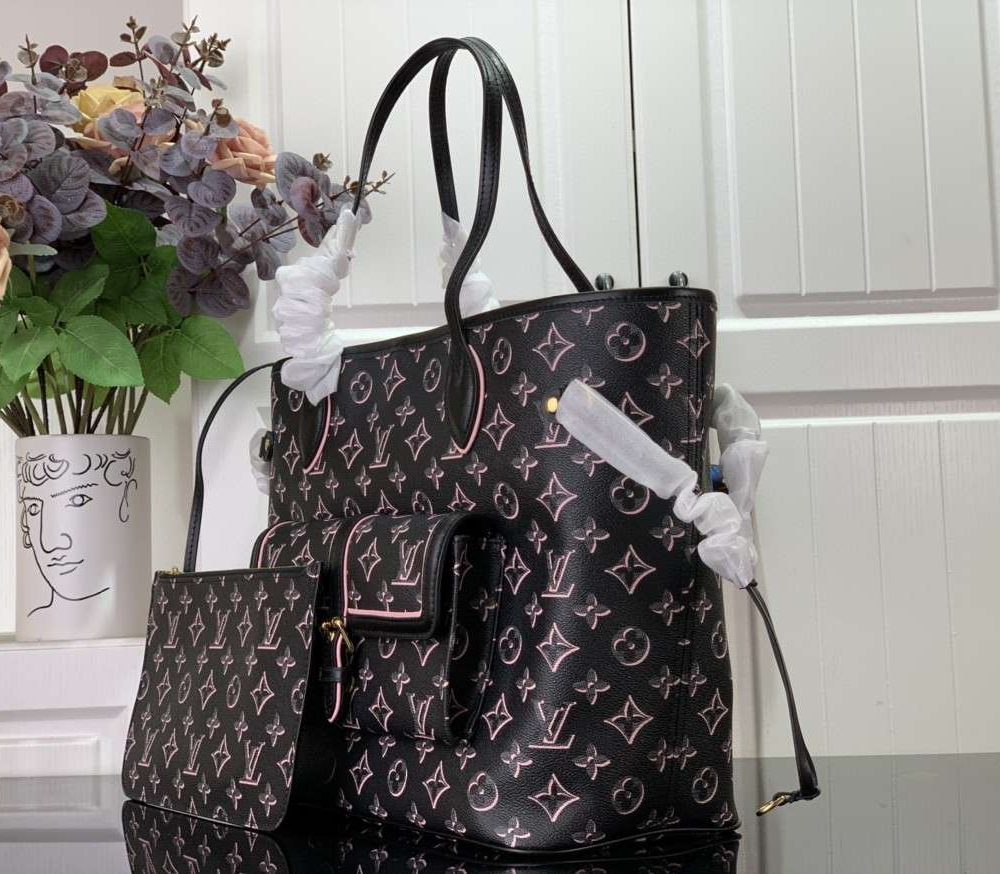1:1 Replica Louis Vuitton LV Neverfull MM White/ Black Essential Bag For Women M20921 31 cm/ 12.2 in