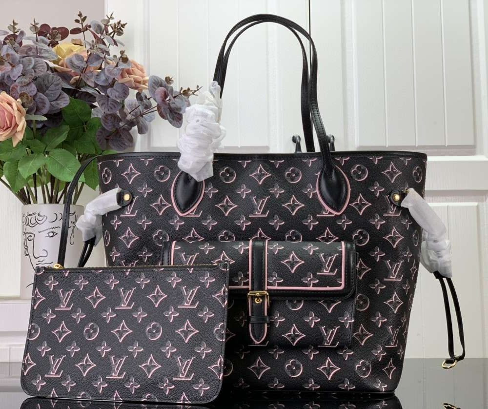 1:1 Replica Louis Vuitton LV Neverfull MM White/ Black Essential Bag For Women M20921 31 cm/ 12.2 in