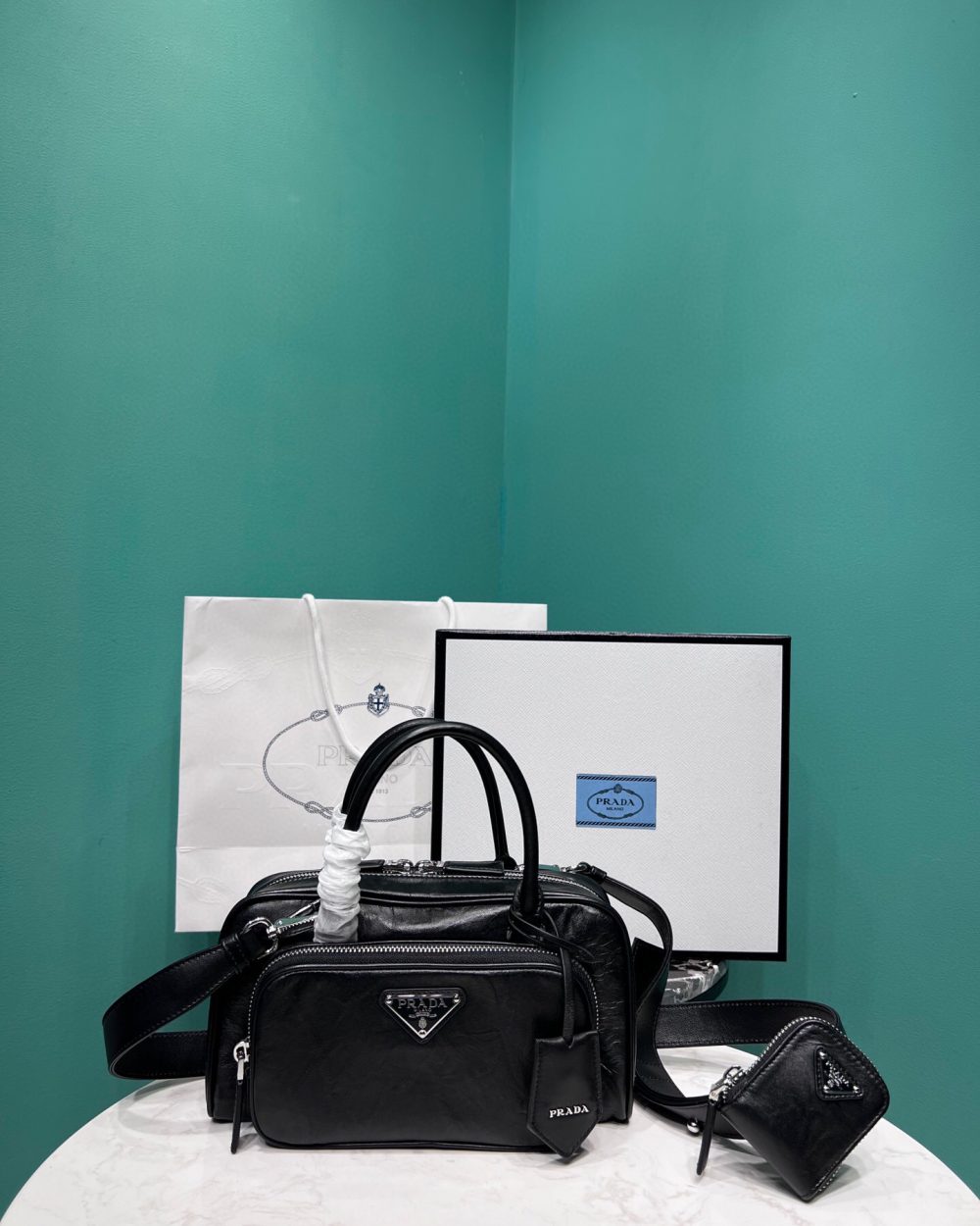 Antique Nappa Multi-Pocket Top-Handle Bag In Grey/Black For Women 9.5 in/ 24cm 1BB099_UVL_F0480_V_T2O