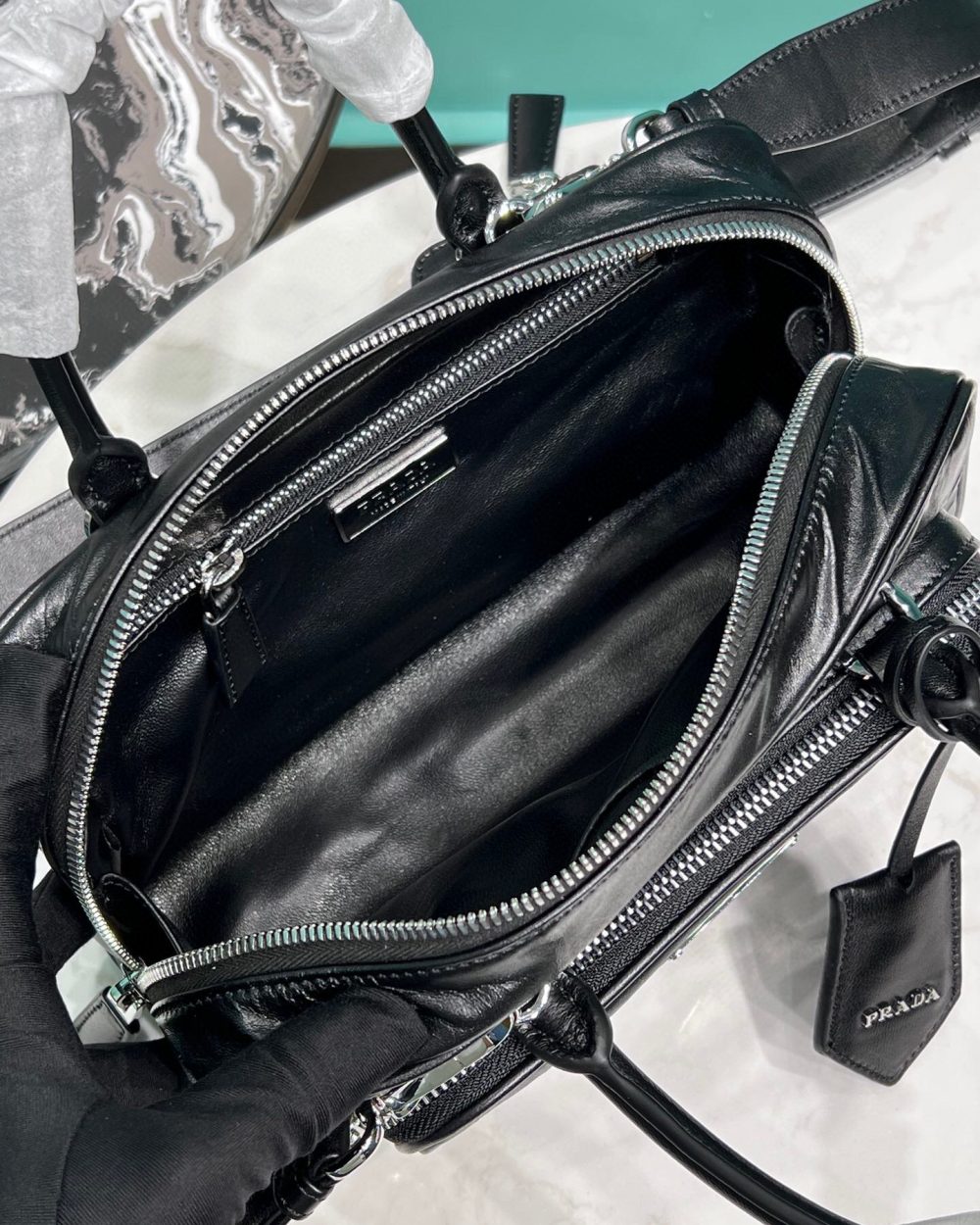 Antique Nappa Multi-Pocket Top-Handle Bag In Grey/Black For Women 9.5 in/ 24cm 1BB099_UVL_F0480_V_T2O