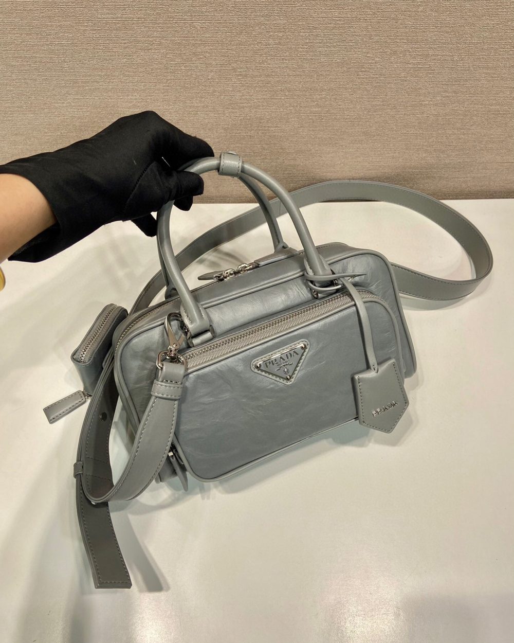 Antique Nappa Multi-Pocket Top-Handle Bag In Grey/Black For Women 9.5 in/ 24cm 1BB099_UVL_F0480_V_T2O