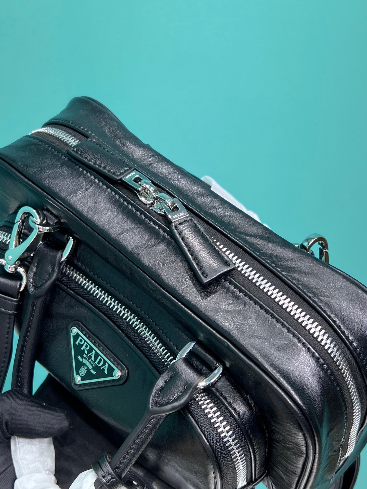 Antique Nappa Multi-Pocket Top-Handle Bag In Grey/Black For Women 9.5 in/ 24cm 1BB099_UVL_F0480_V_T2O - Image 9