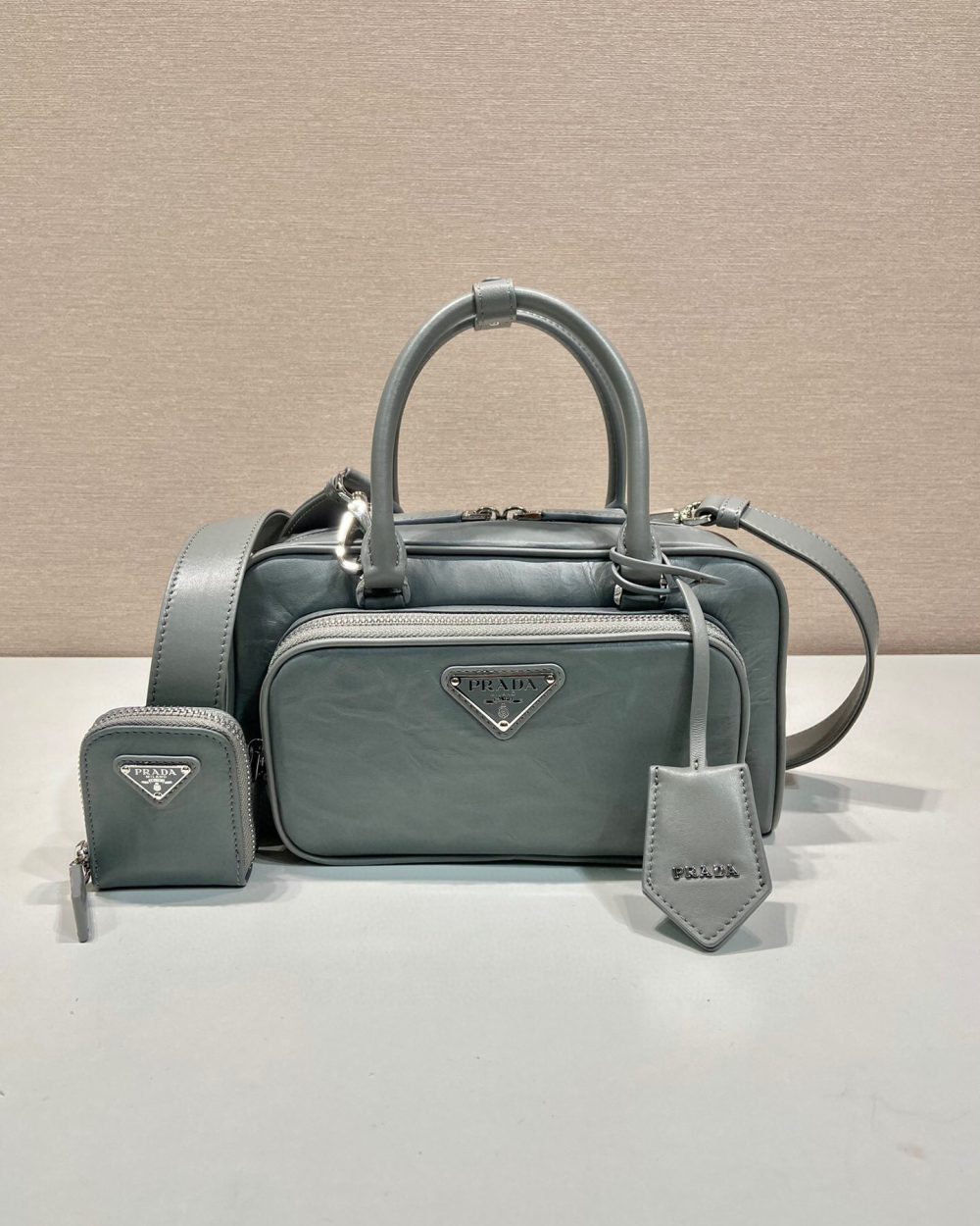 Antique Nappa Multi-Pocket Top-Handle Bag In Grey/Black For Women 9.5 in/ 24cm 1BB099_UVL_F0480_V_T2O