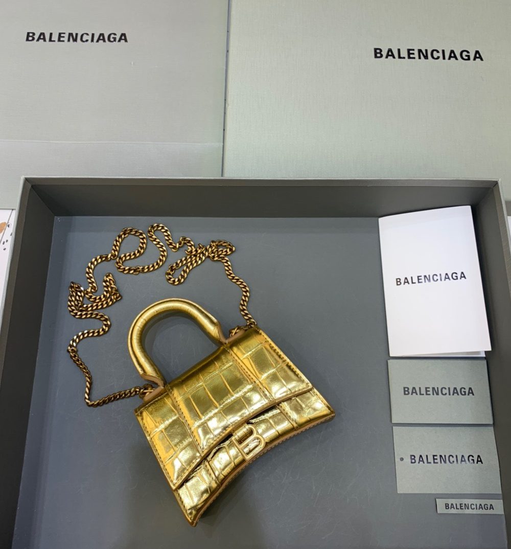 Balenciaga Hourglass Mini Handbag With Chain In Gold, For Women, Women's Bags 4.7in/12cm 6646761S49M8005