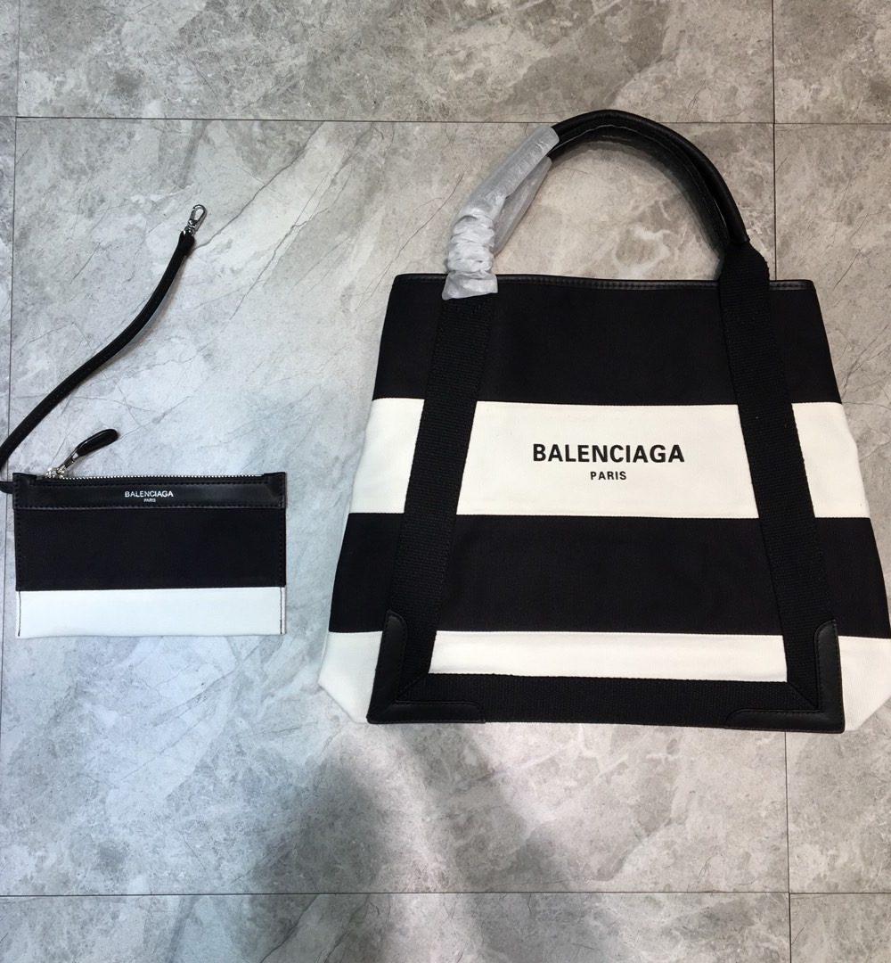 Balenciaga Navy Medium Cabas Tote Bag In Black And White, For Women, Women's Bags 14.1in/36cm
