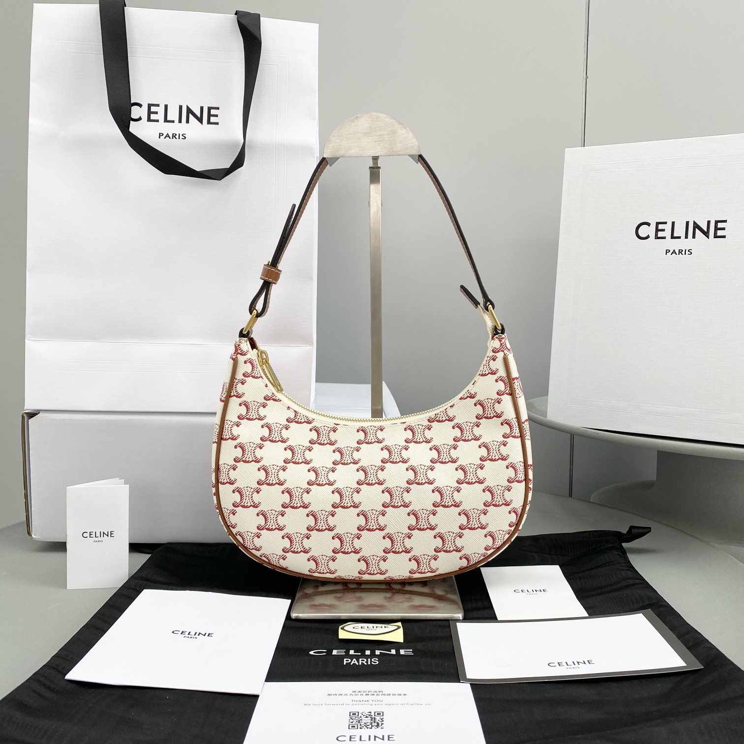 1:1 Replica Celine Ava Bag In Triomphe Canvas White/Red For Women 9in/23.5cm - Image 7