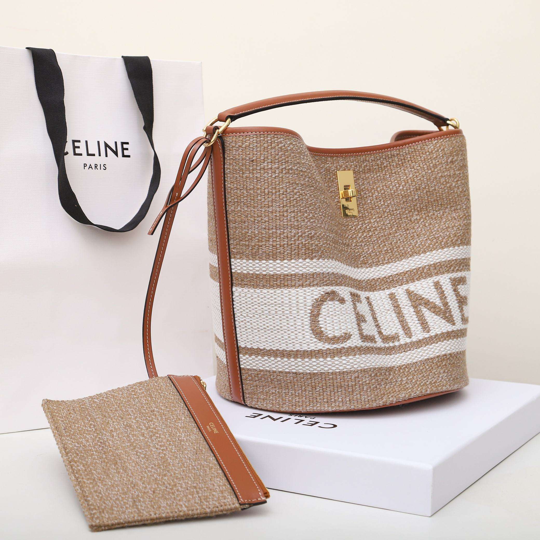 1:1 Replica Celine Bucket 16 Bag In Striped Textile Beige For Women 9.8in/25cm - Image 6
