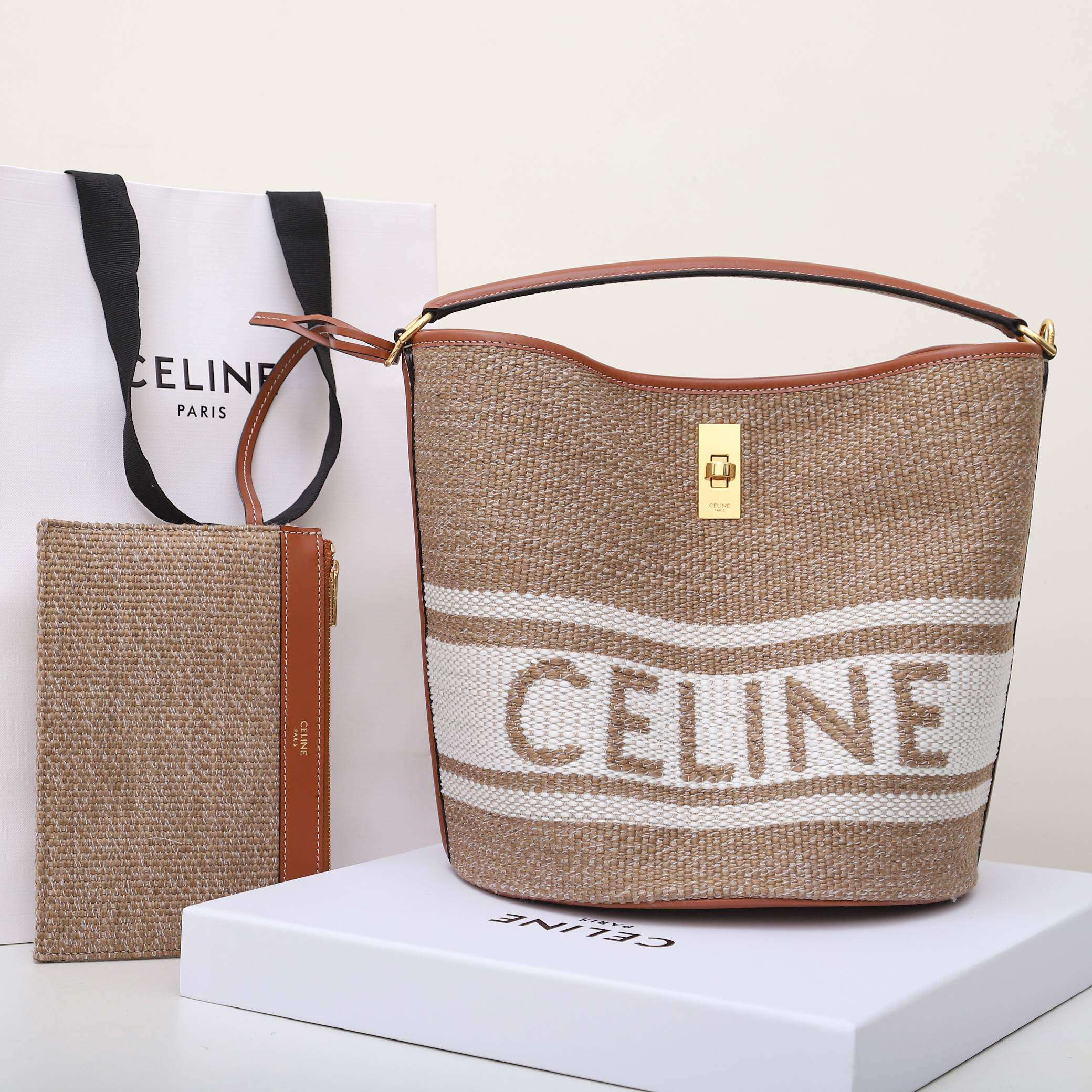 1:1 Replica Celine Bucket 16 Bag In Striped Textile Beige For Women 9.8in/25cm - Image 10