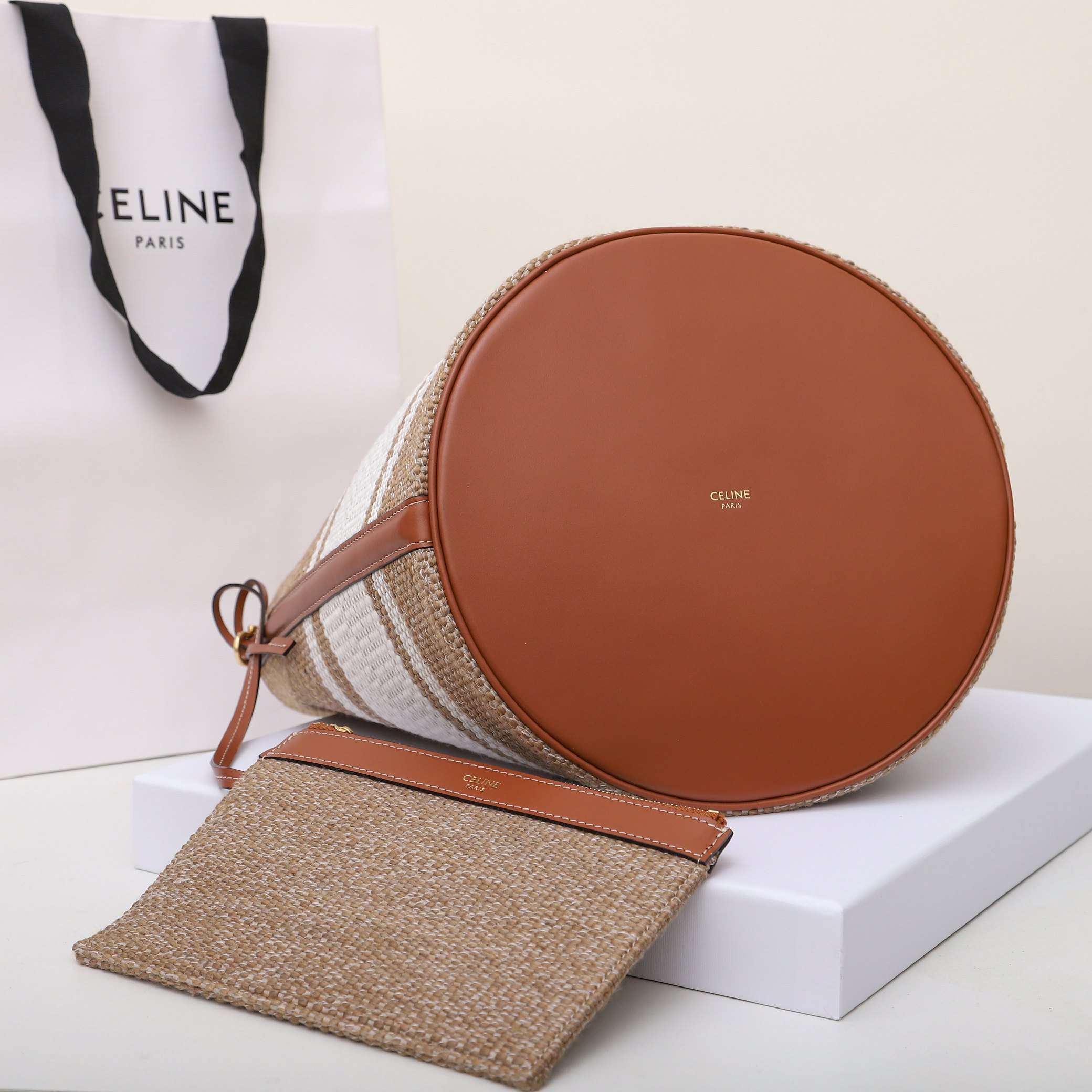 1:1 Replica Celine Bucket 16 Bag In Striped Textile Beige For Women 9.8in/25cm - Image 9