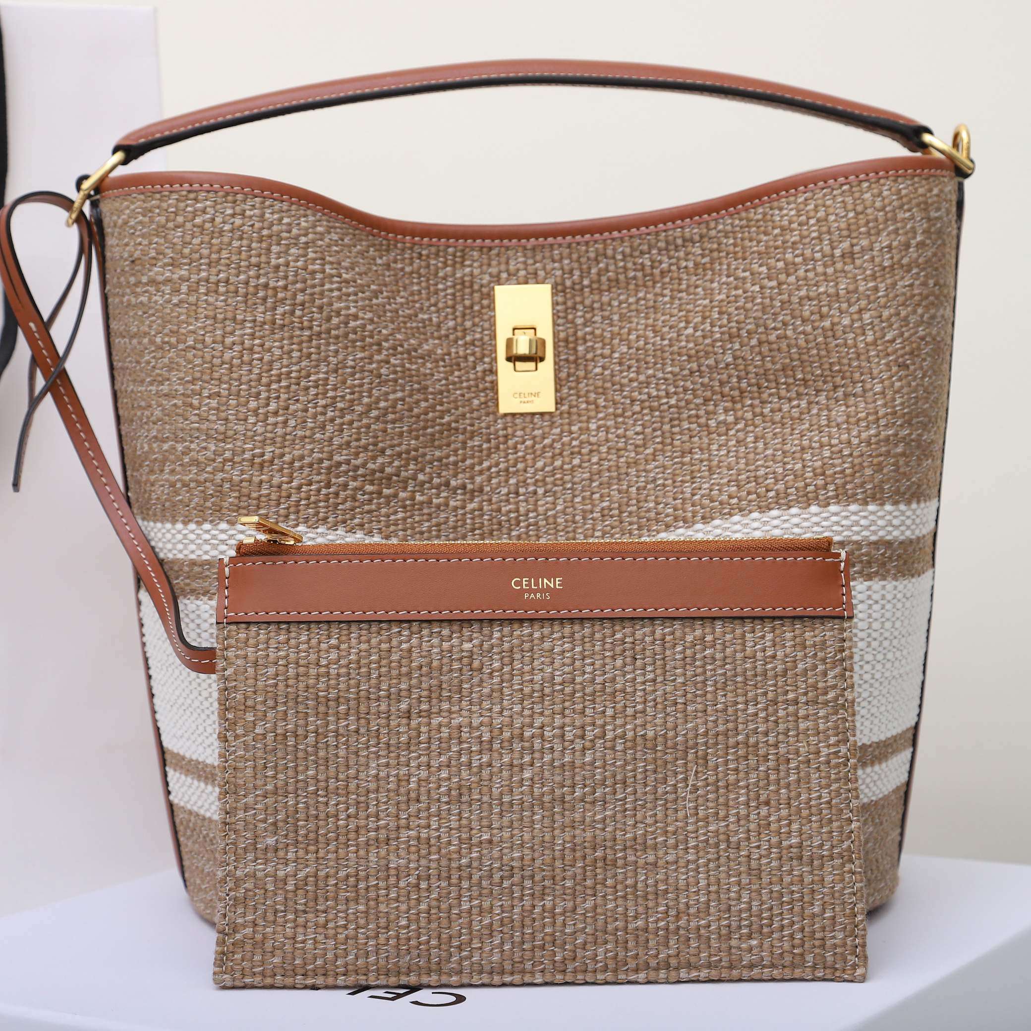 1:1 Replica Celine Bucket 16 Bag In Striped Textile Beige For Women 9.8in/25cm - Image 8