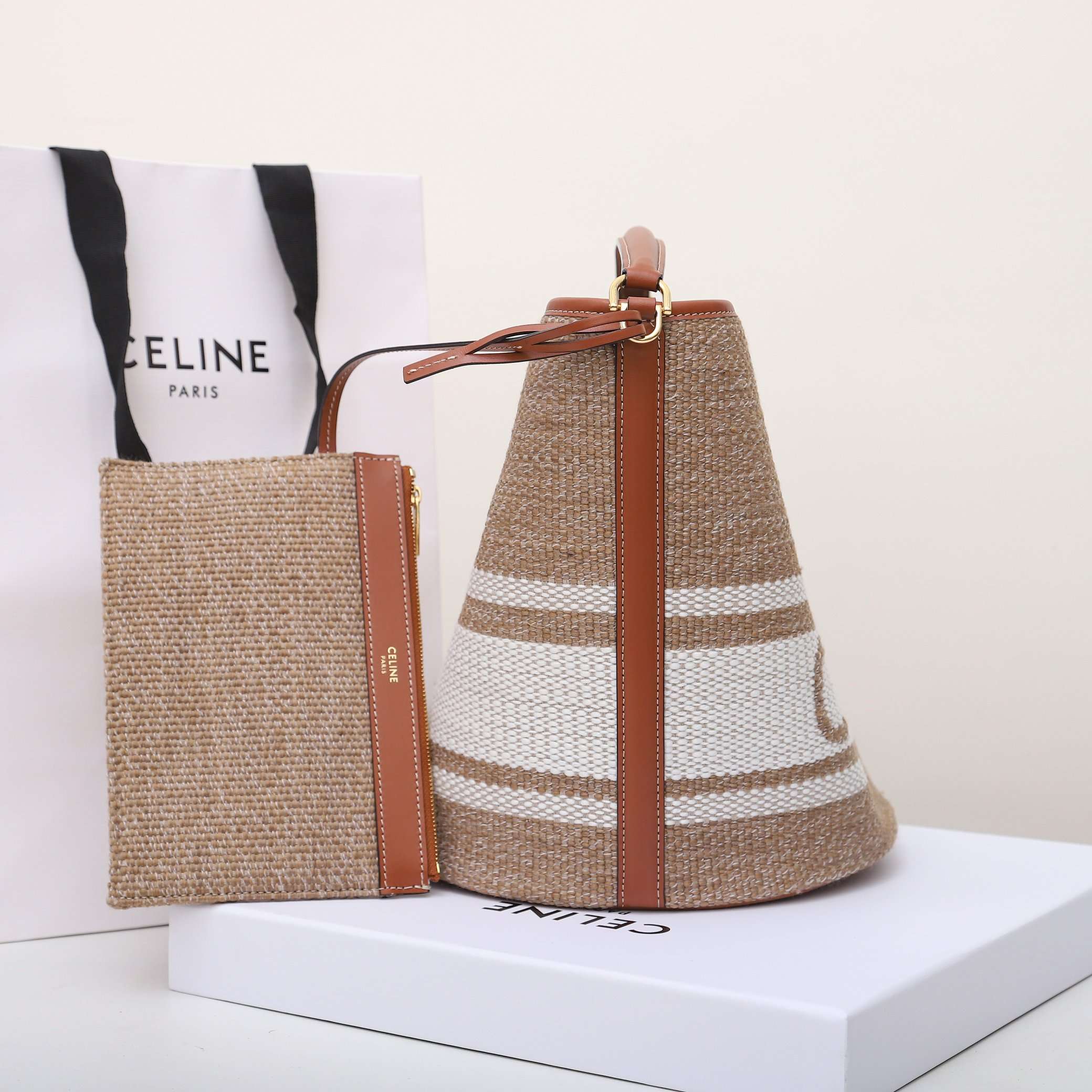 1:1 Replica Celine Bucket 16 Bag In Striped Textile Beige For Women 9.8in/25cm - Image 2