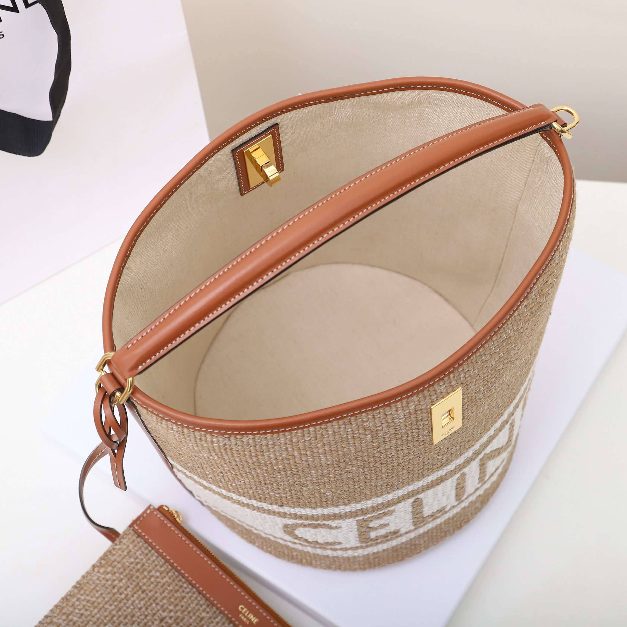 1:1 Replica Celine Bucket 16 Bag In Striped Textile Beige For Women 9.8in/25cm - Image 5