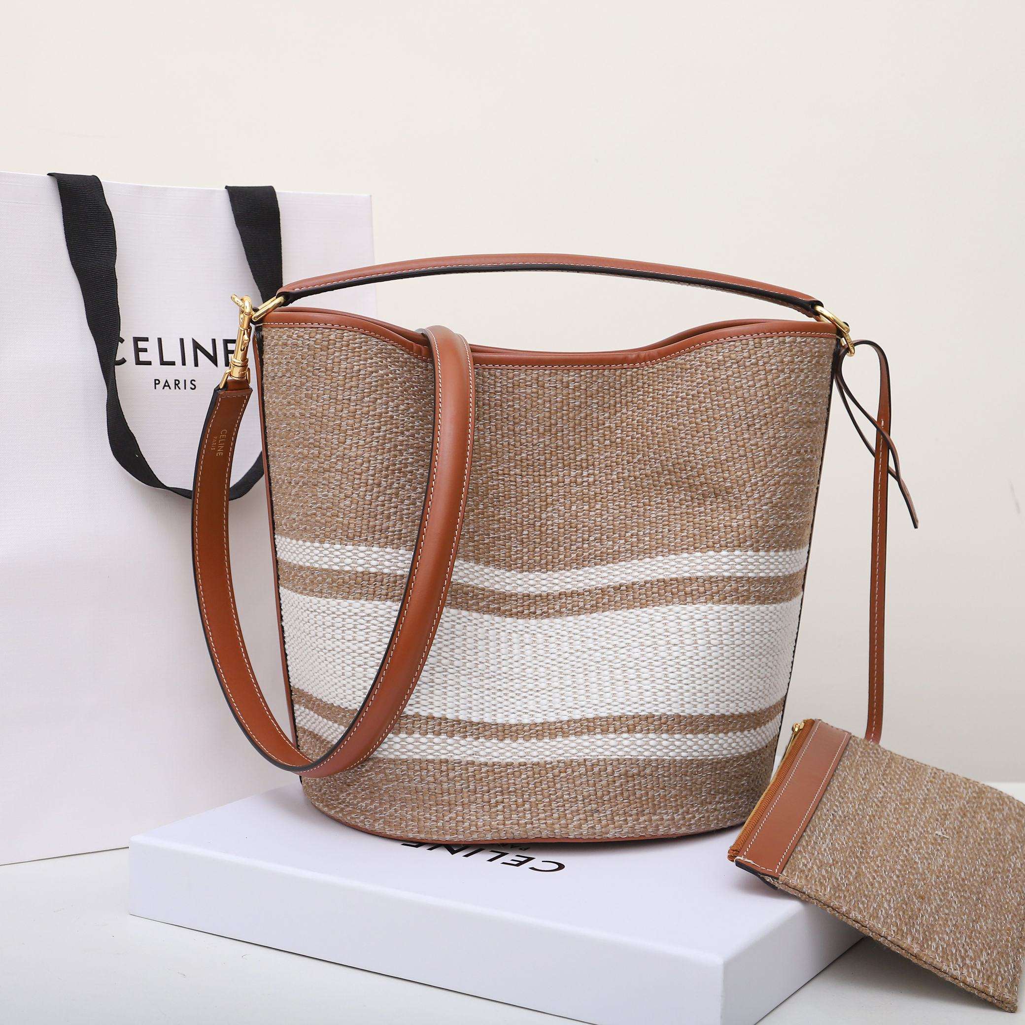 1:1 Replica Celine Bucket 16 Bag In Striped Textile Beige For Women 9.8in/25cm - Image 7