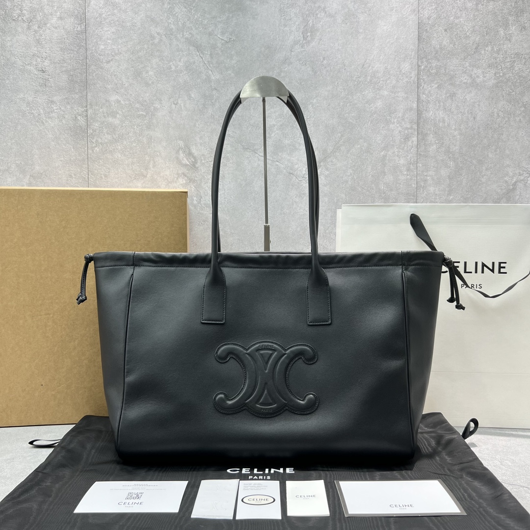 1:1 Replica Celine Cabas Drawstring Cuir Triomphe Black For Women 17in/44cm 199973DU3.38NO