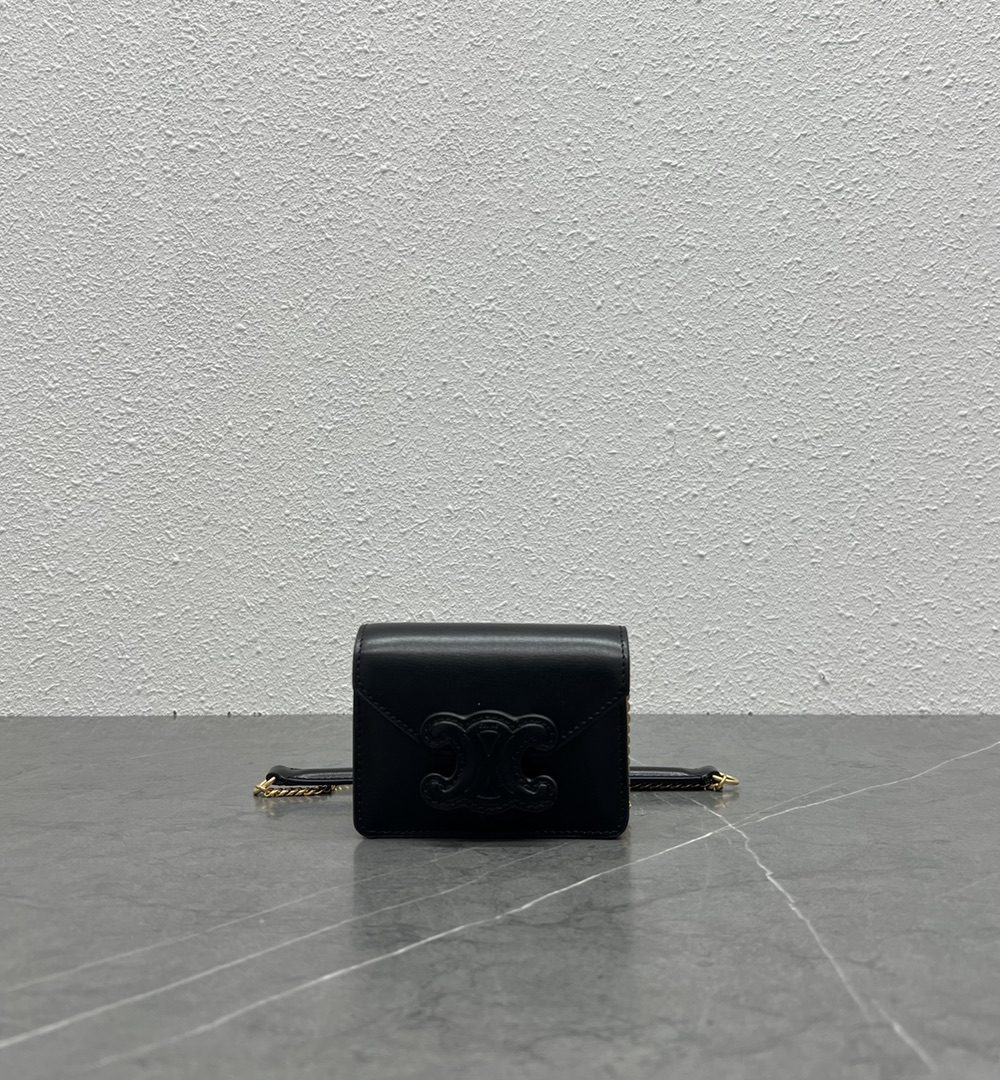 1:1 Replica Celine Card Holder On Chain Triomphe Black For Women 4in/11cm 10J743DPV.38NO