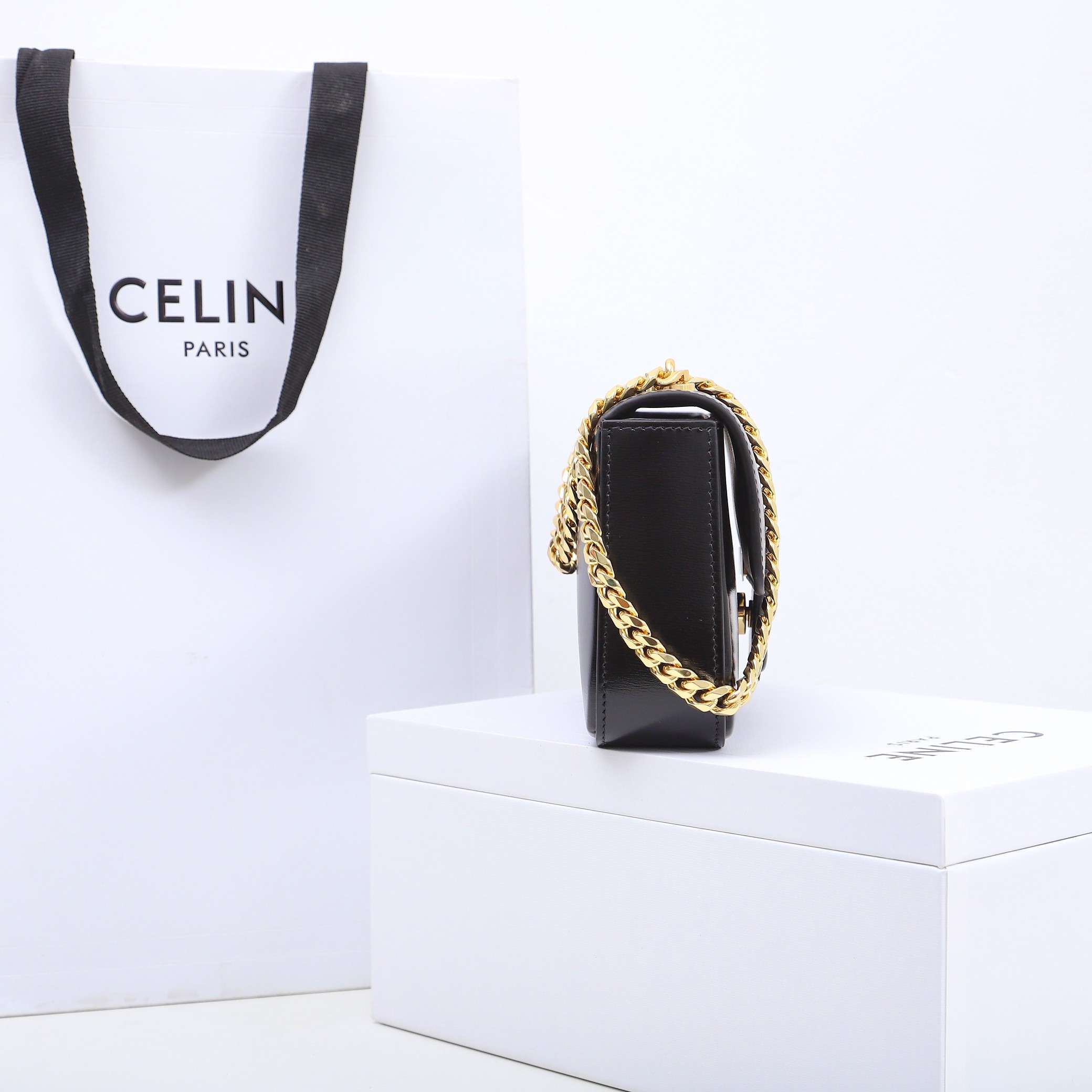 1:1 Replica Celine Chain Shoulder Bag Black/Brown For Women 8in/20.5cm - Image 4
