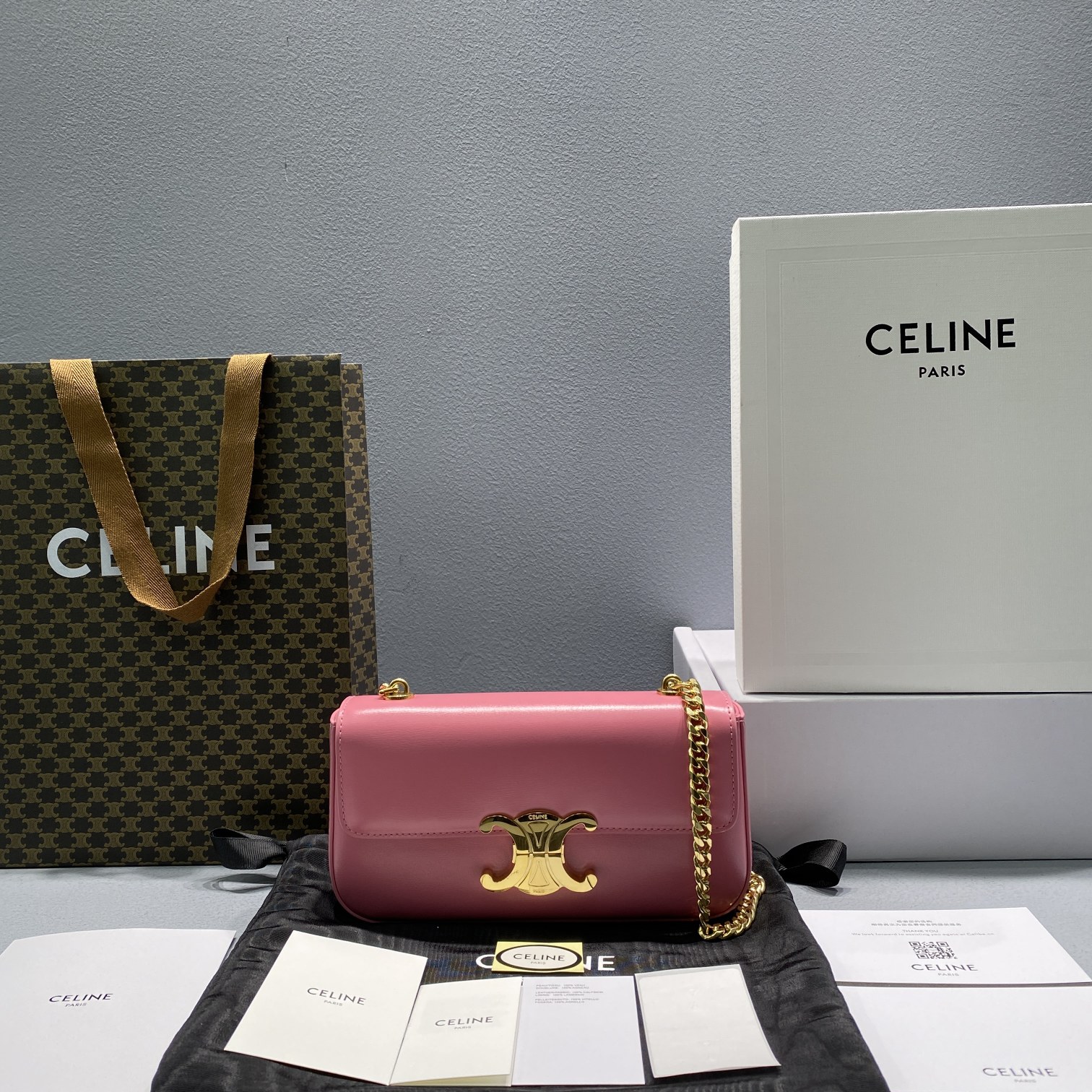 1:1 Replica Celine Chain Shoulder Bag Triomphe Pink For Women 8in/20.5cm