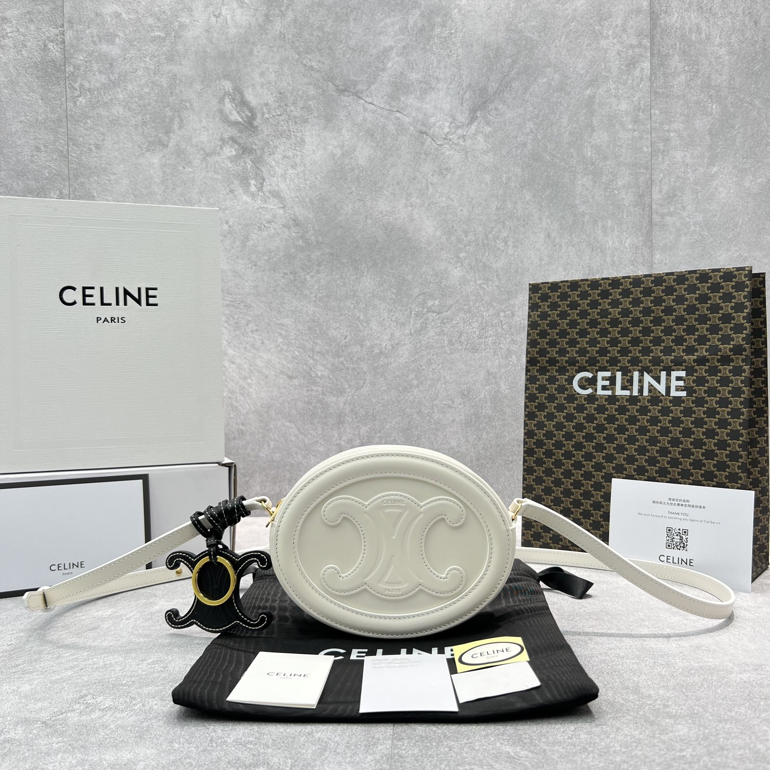 1:1 Replica Celine Crossbody Oval Purse Cuir Triomphe White For Women 6in/16cm