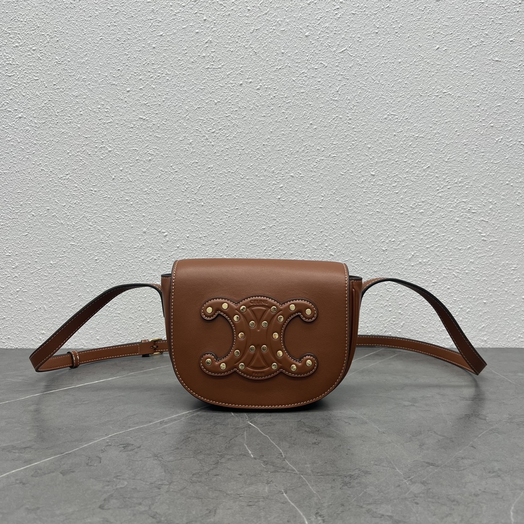 1:1 Replica Celine Folco Cuir Triomphe With Studs Brown For Women 7in/19cm 198263DU9.04LU