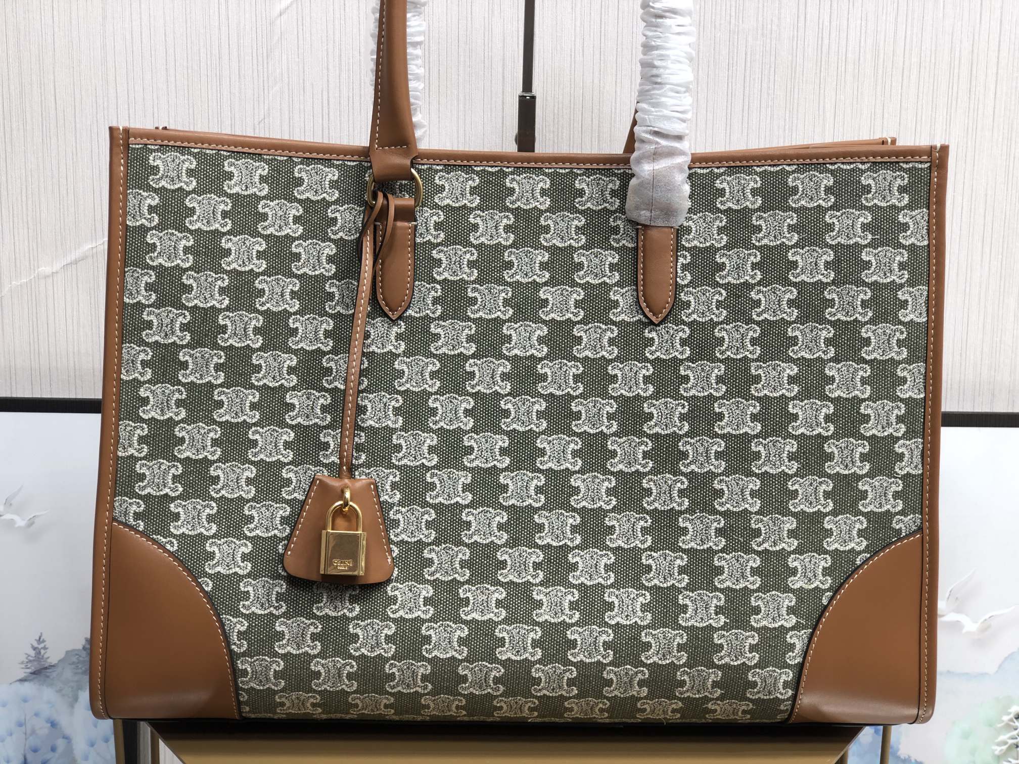 1:1 Replica Celine Horizontal Cabas In Textile With Triomphe Embroidery Khaki For Women 17in/43cm 197002CS8.15KH - Image 2