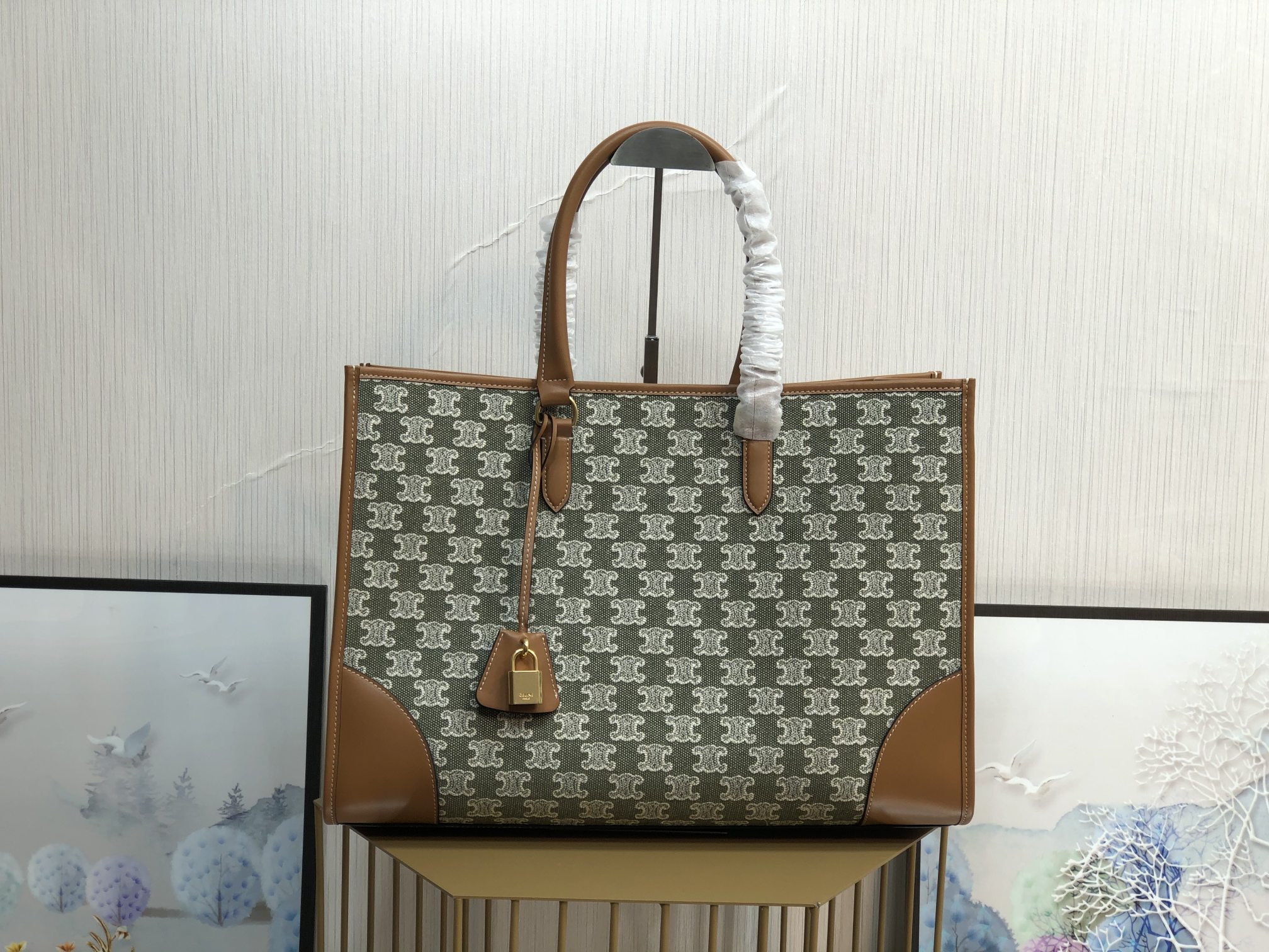 1:1 Replica Celine Horizontal Cabas In Textile With Triomphe Embroidery Khaki For Women 17in/43cm 197002CS8.15KH