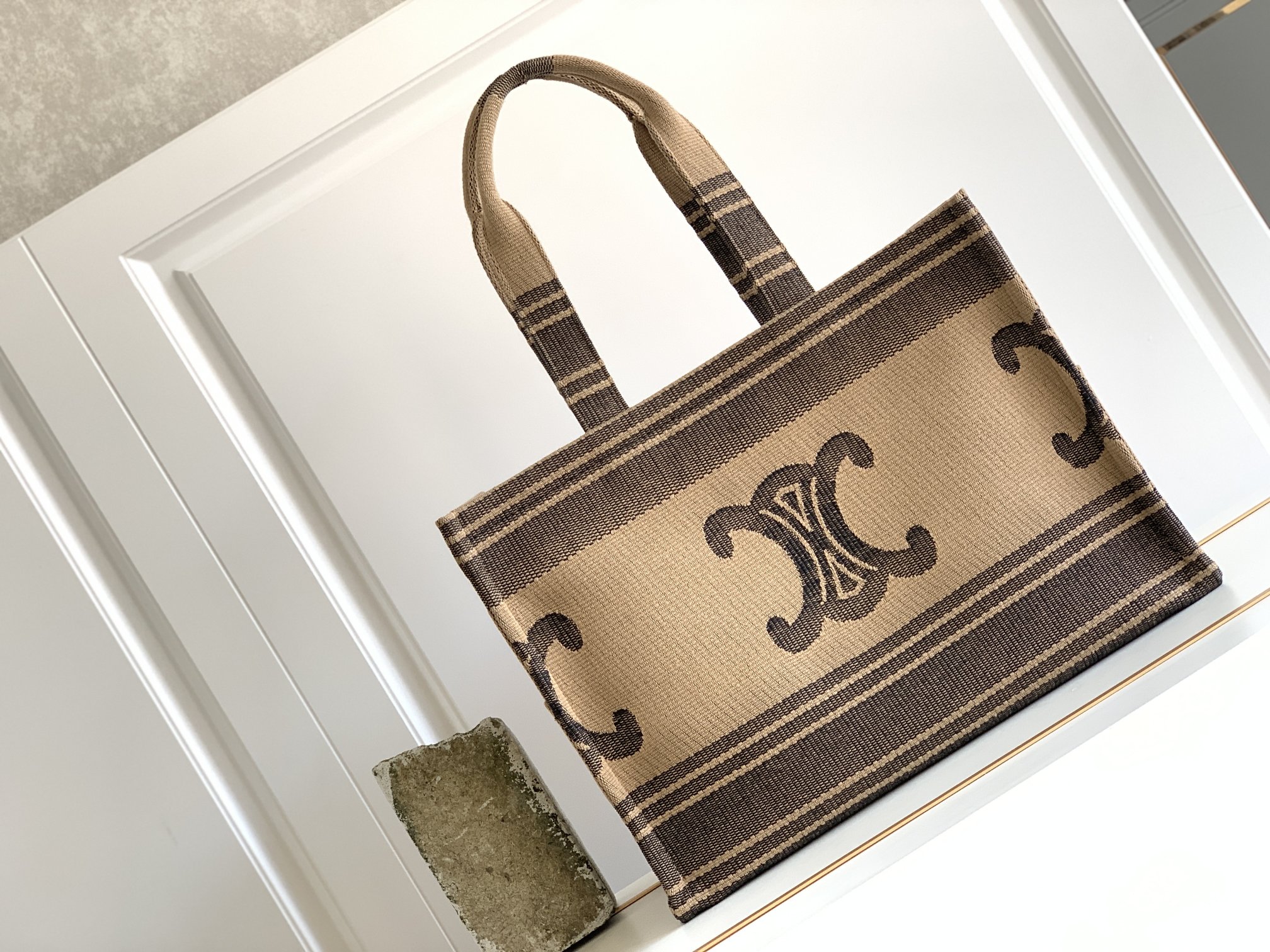 1:1 Replica Celine Large Cabas Thais In Textile With Triomphe Beige/Black For Women 16in/41cm 196762EGH.02BL