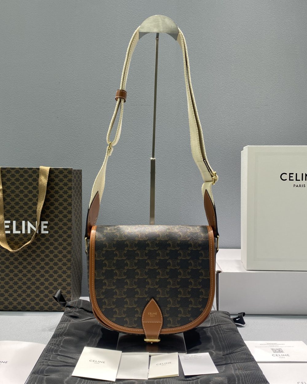 1:1 Replica Celine Large Strap Folco Bag In Triomphe Canvas Brown For Women 9in/22cm 196932BZJ.04LU