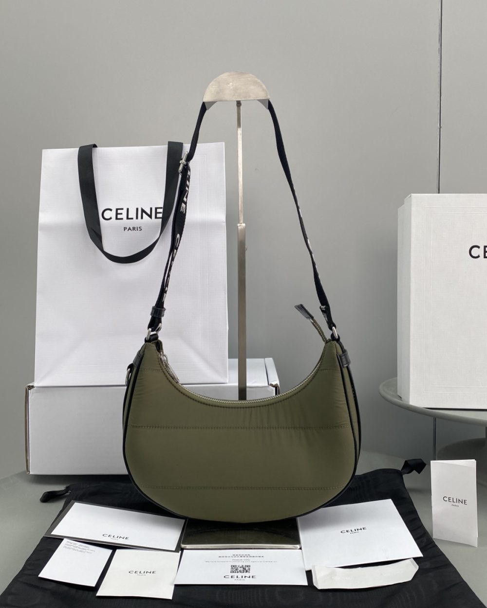 1:1 Replica Celine Medium Ava Bag With Celine Strap In Quilted Nylon Khaki For Women 9in/23cm 196972DLI.15KH