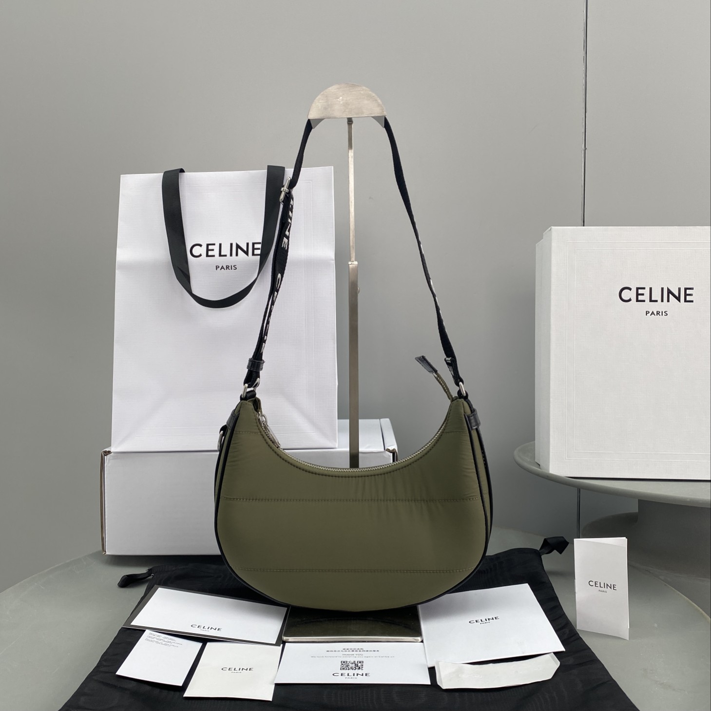 1:1 Replica Celine Medium Ava Bag With Celine Strap In Quilted Nylon Khaki For Women 9in/23cm 196972DLI.15KH