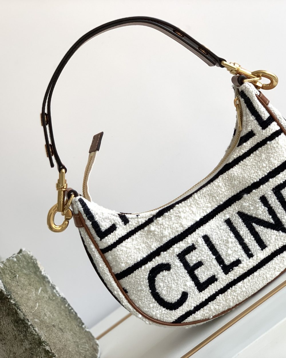 1:1 Replica Celine Medium Ava Strap Bag In Textile With Celine All-Over White / Black For Women 9in/23cm 196922EFU.01WB