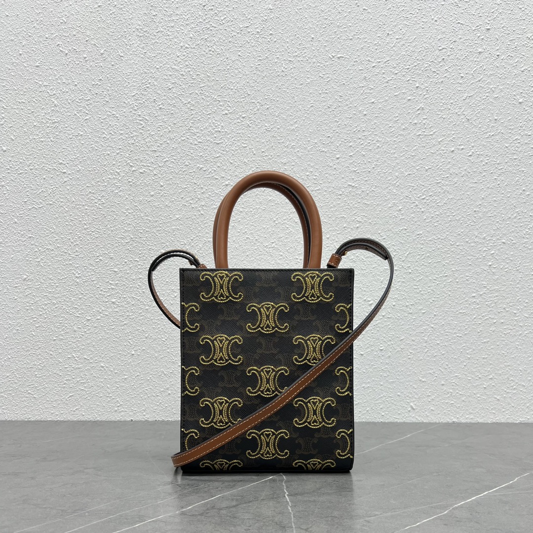 1:1 Replica Celine Mini Folco In Triomphe Canvas With Triomphe Heart Embroidery Brown For Women 8in/20cm