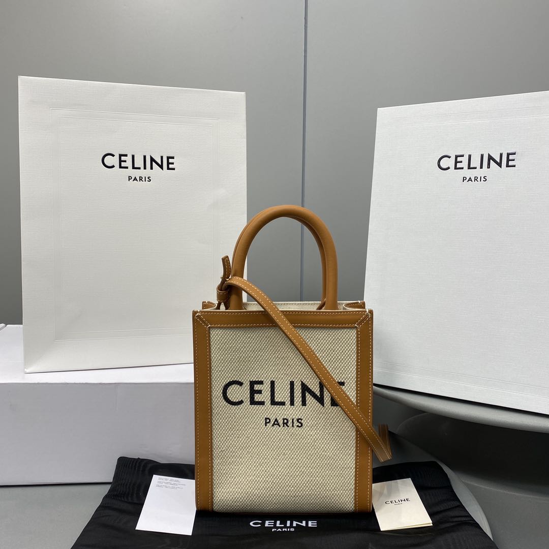 1:1 Replica Celine Mini Vertical Cabas Celine In Textile With Celine Print White/Brown For Women 8in/20cm 193302BNZ.02NT