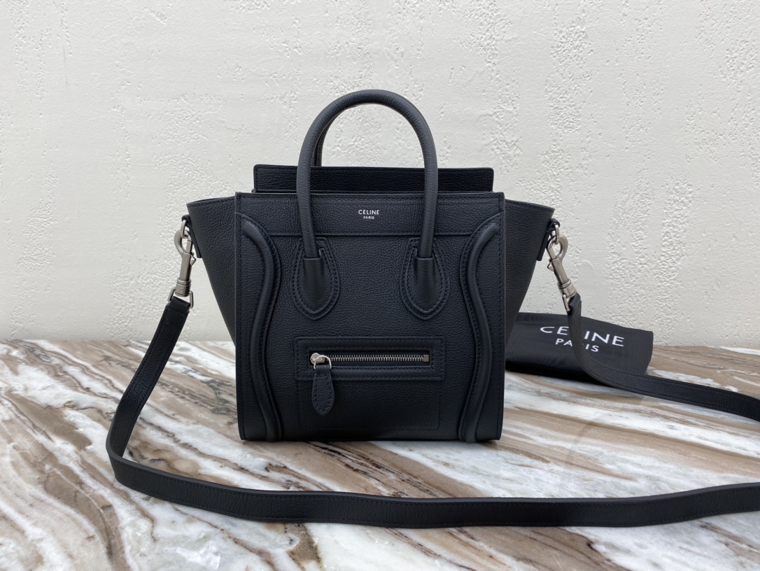 1:1 Replica Celine Nano Luggage Bag In Drummed Black For Women 8in/20cm 189243DRU.38NO - Image 5