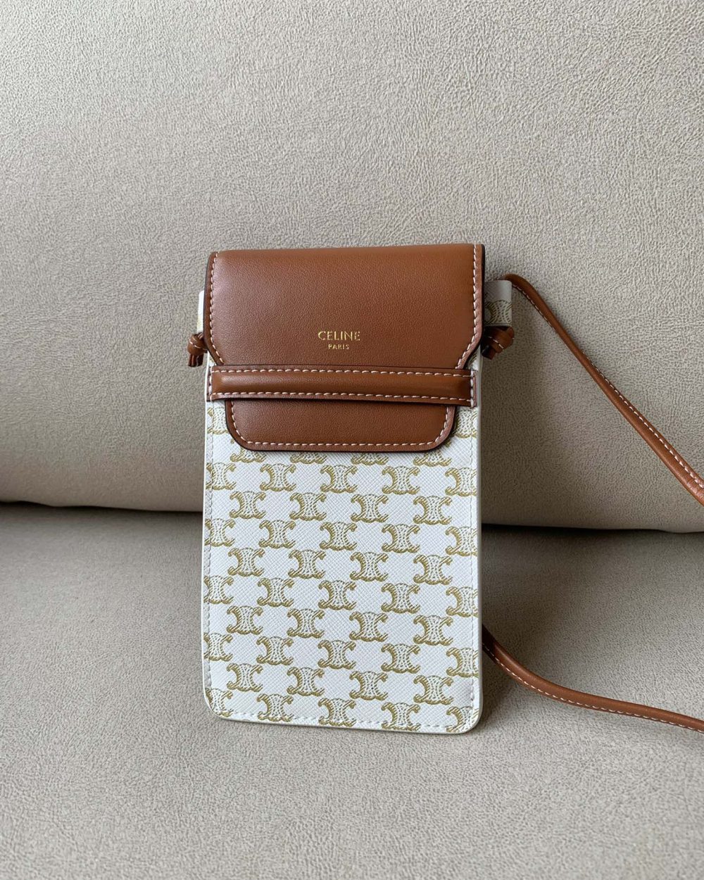 1:1 Replica Celine Phone Pouch With Flap In Triomphe Canvas And Lambskin White/Tan For Women 7in/18cm 10G332CQD.01TA