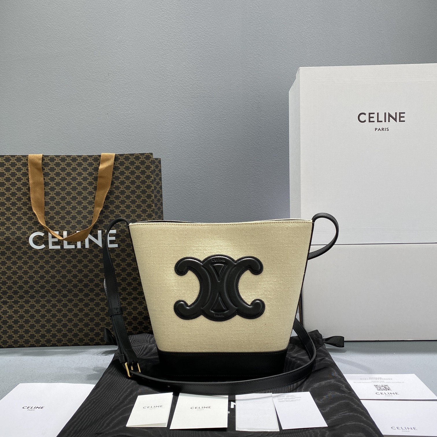 1:1 Replica Celine Small Bucket Cuir Triomphe In Textile Beige/Black For Women 9in/22cm