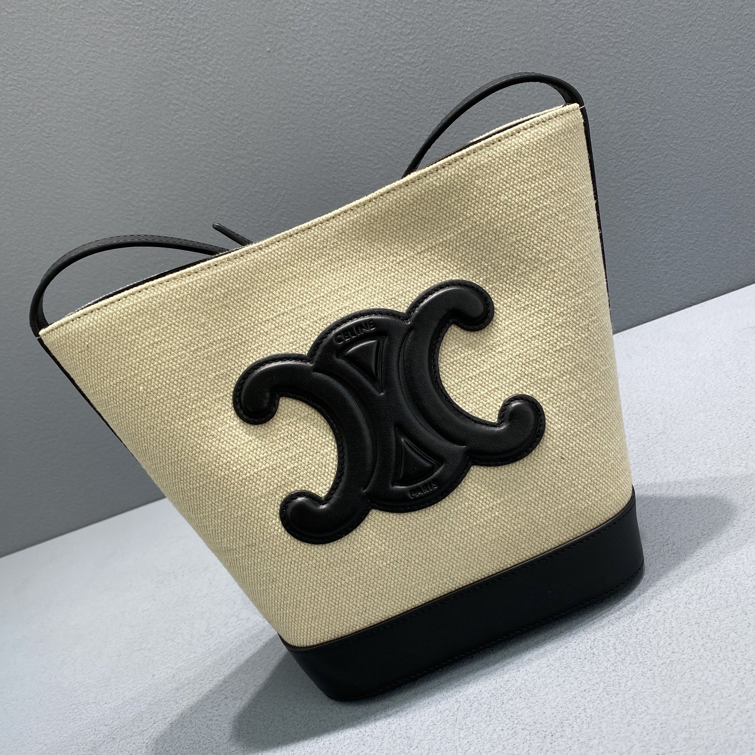 1:1 Replica Celine Small Bucket Cuir Triomphe In Textile Beige/Black For Women 9in/22cm - Image 5