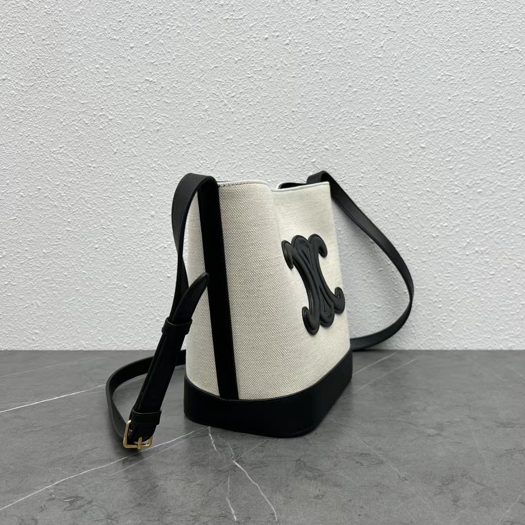 1:1 Replica Celine Small Bucket Cuir Triomphe In Textile Natural / Black For Women 9in/22cm - Image 6
