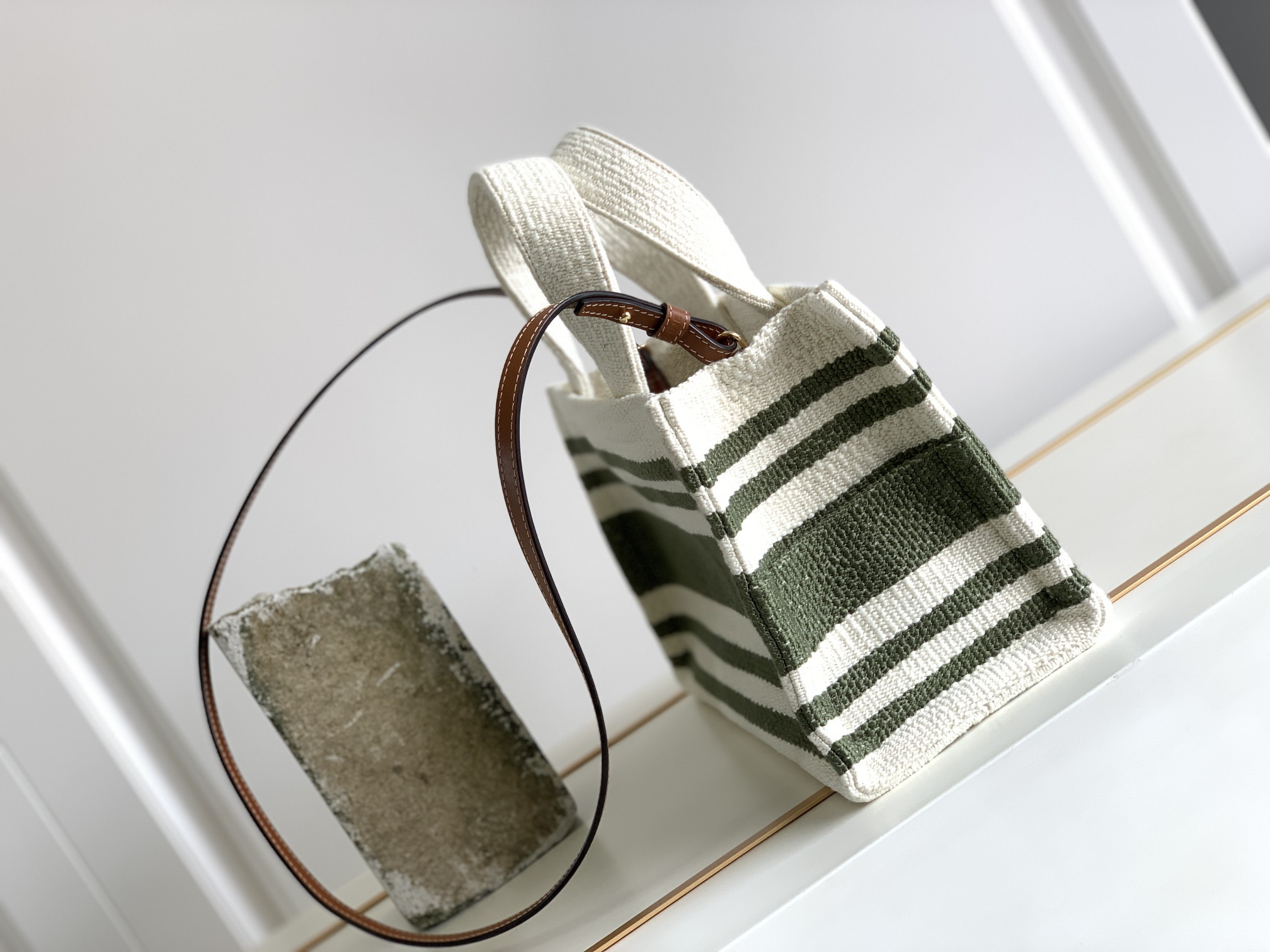 1:1 Replica Celine Striped Small Triomphe Cabas Thais Nature Green For Women 11.4in/29cm - Image 7