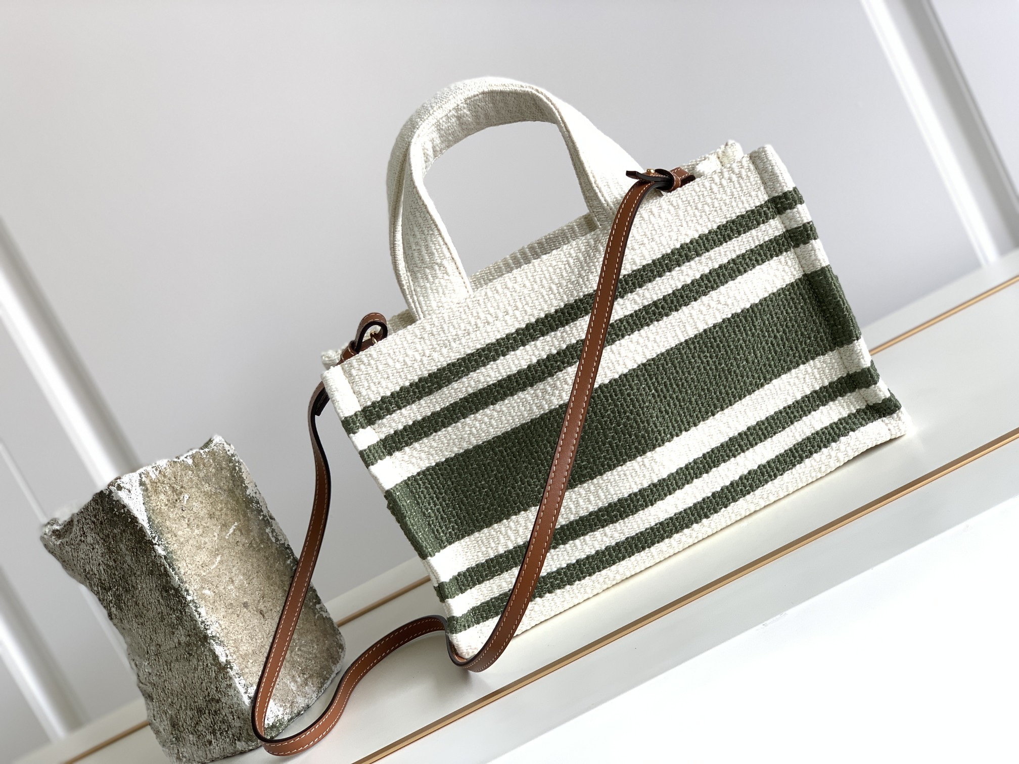 1:1 Replica Celine Striped Small Triomphe Cabas Thais Nature Green For Women 11.4in/29cm - Image 6