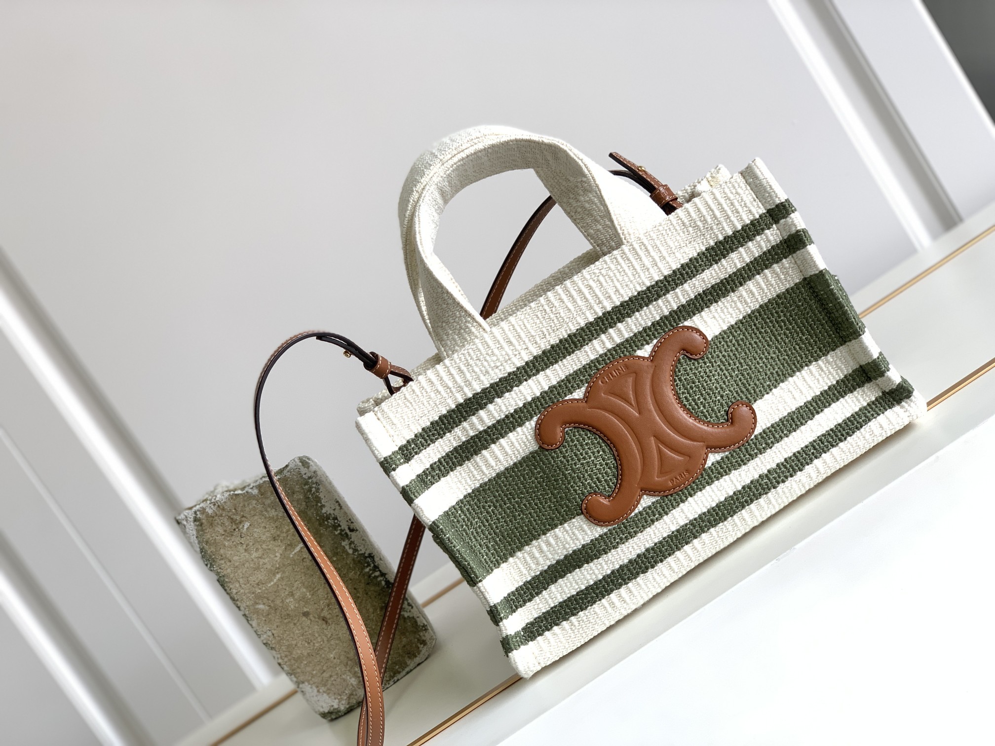 1:1 Replica Celine Striped Small Triomphe Cabas Thais Nature Green For Women 11.4in/29cm